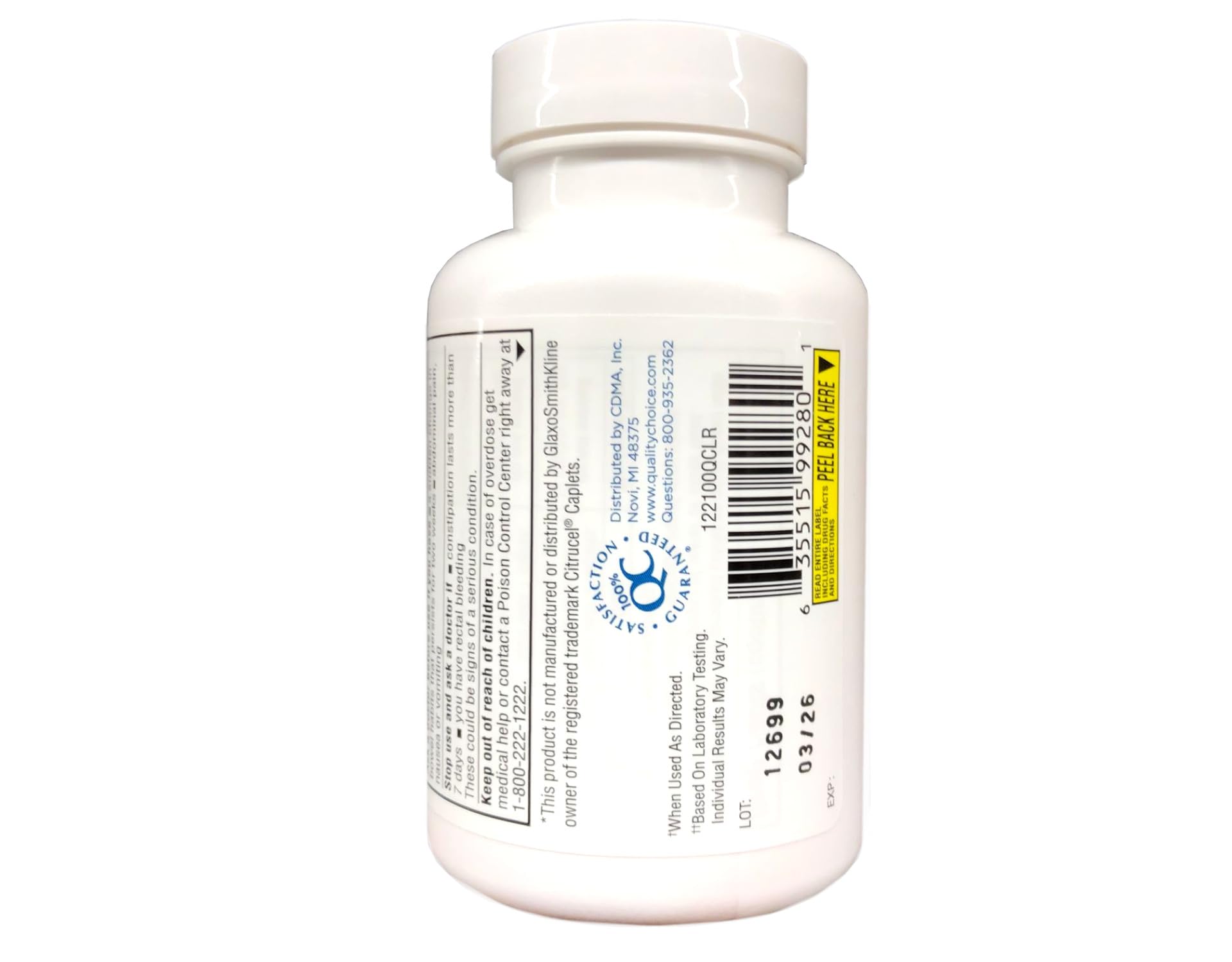 Quality Choice frasco abierto con caplets alineados enfatizando cantidad de 100 unidades