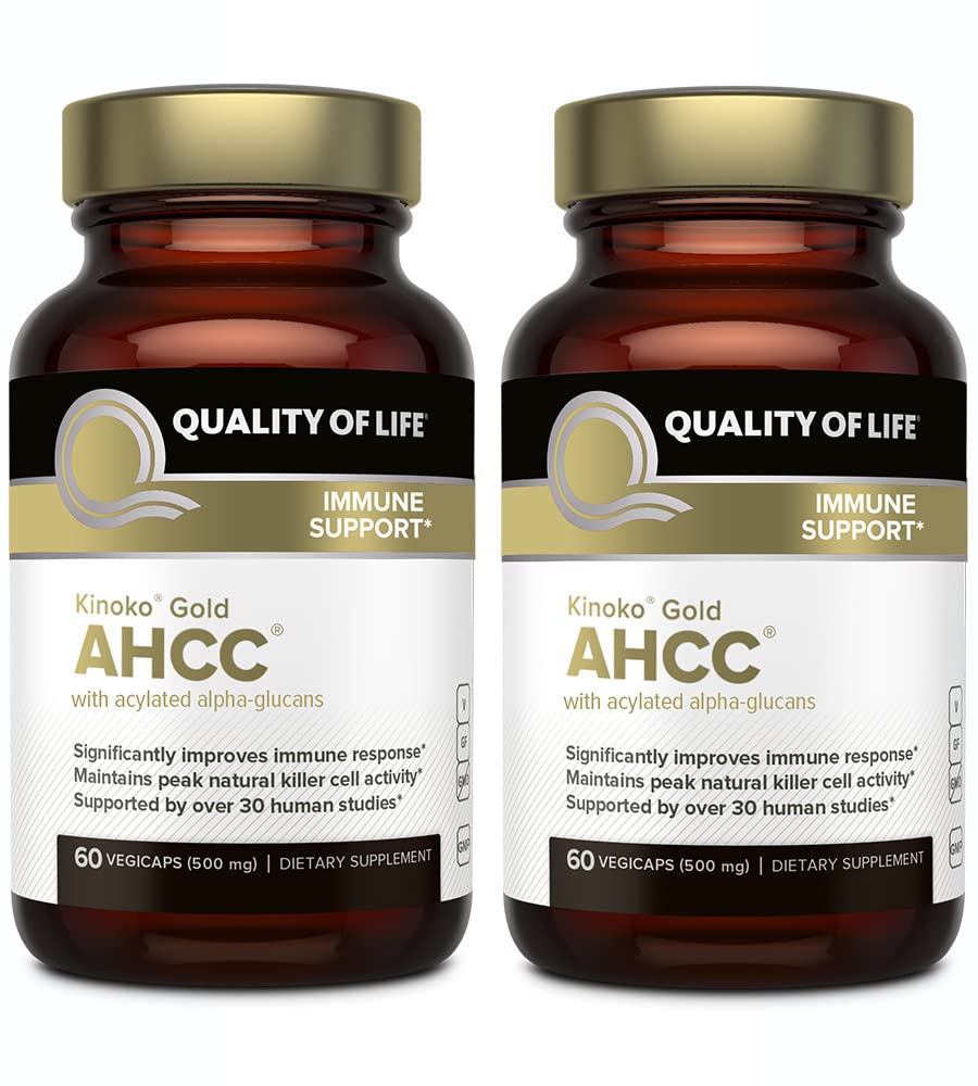 Quality of Life kinoko gold frente del empaque mostrando frascos y beneficios