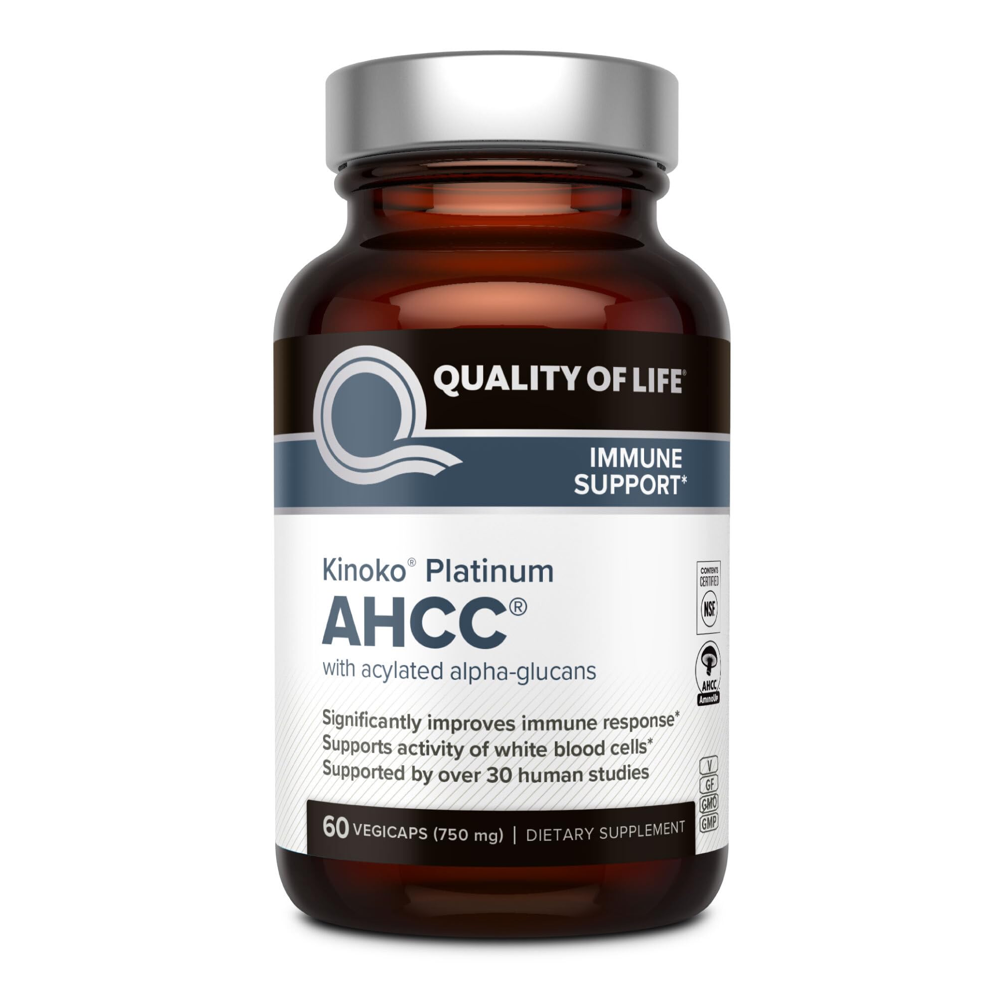 Quality of Life frasco Kinoko Platinum AHCC frontal, transmite confianza