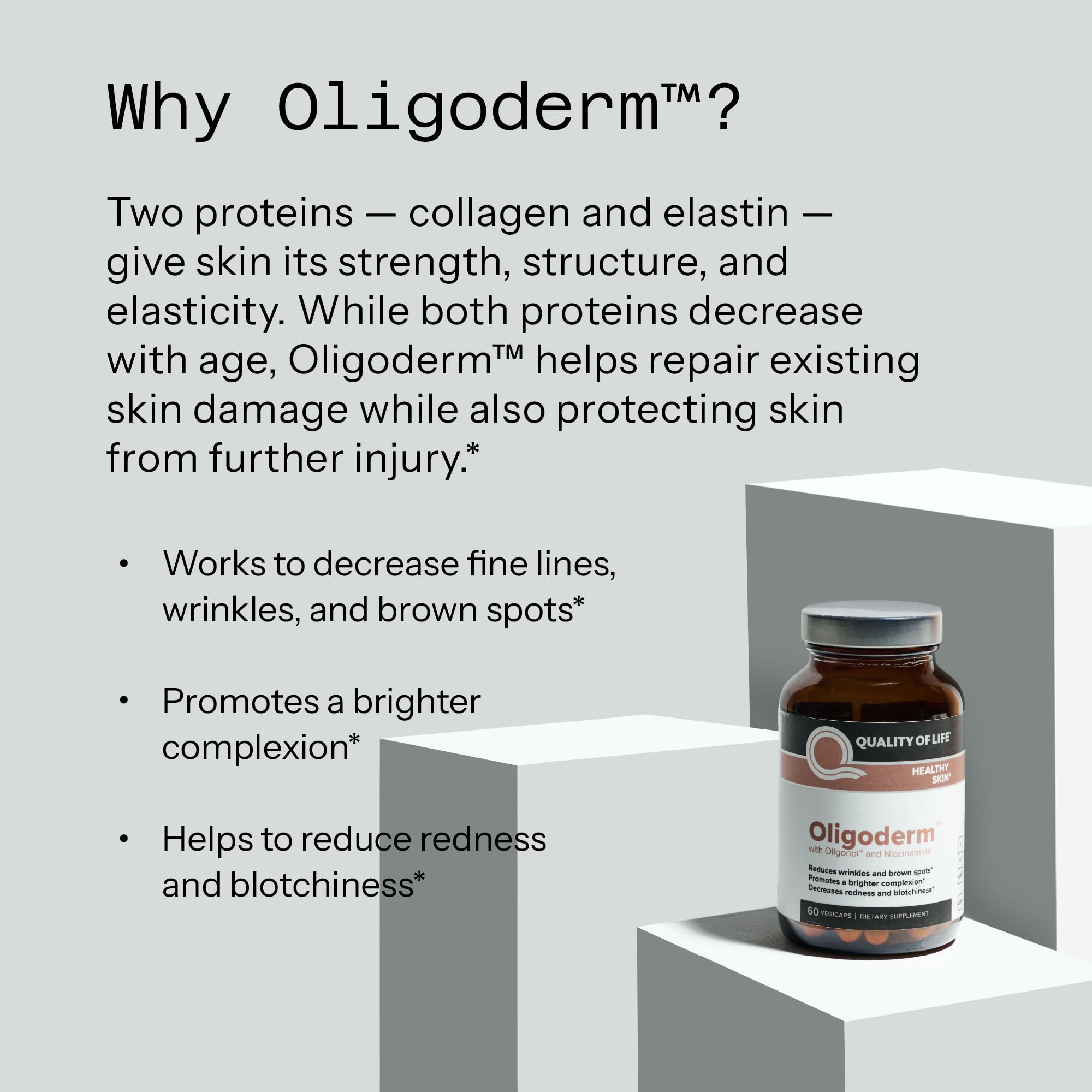 Quality of Life Oligoderm comparación de tamaño del frasco con una mano