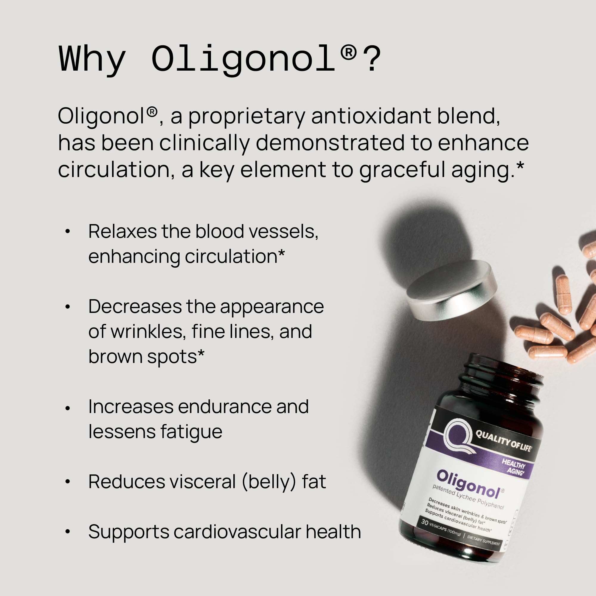Quality of Life botella abierta con capsulas de Oligonol para dosificación diaria