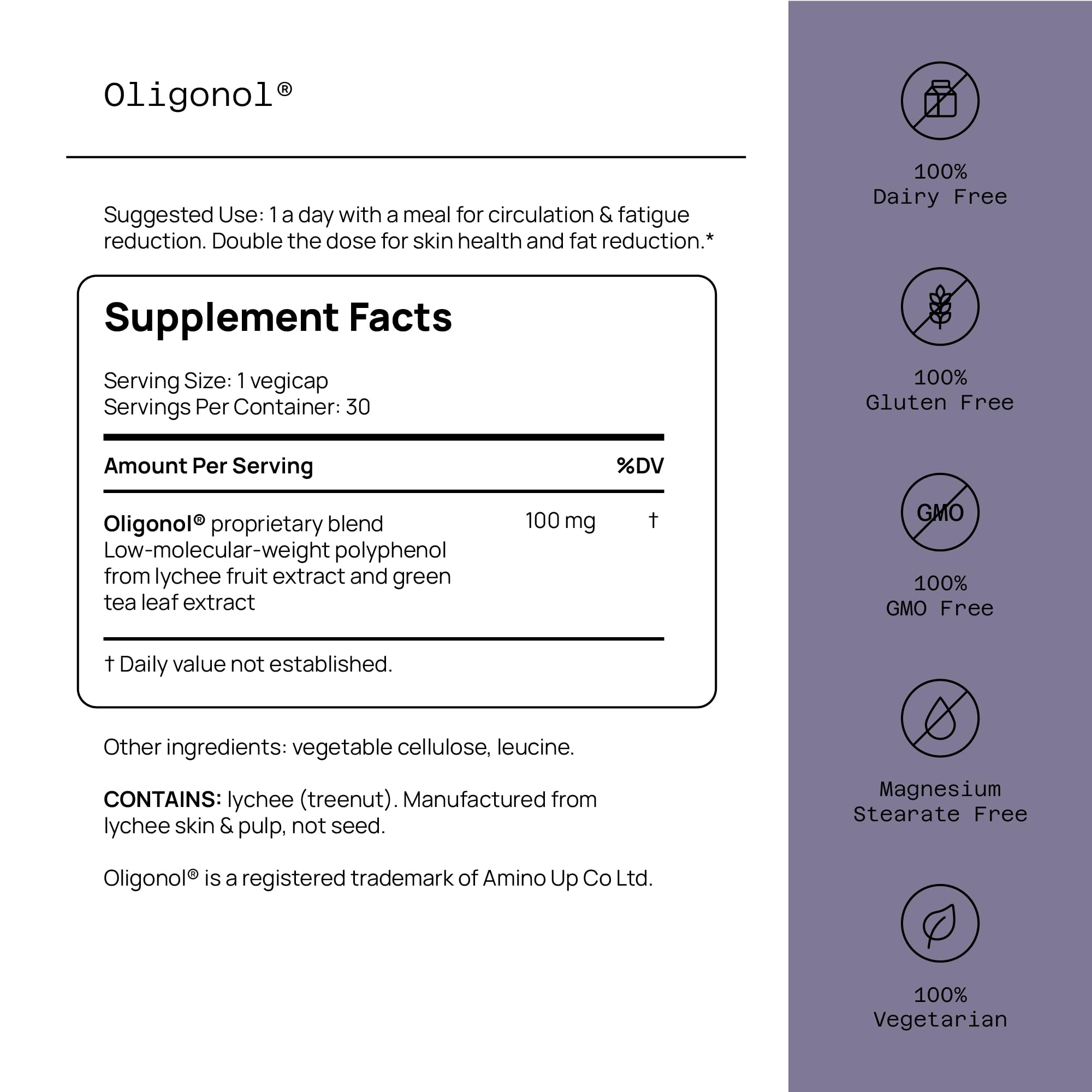 Quality of Life cápsula vegetariana de Oligonol en primer plano, fácil de tragar