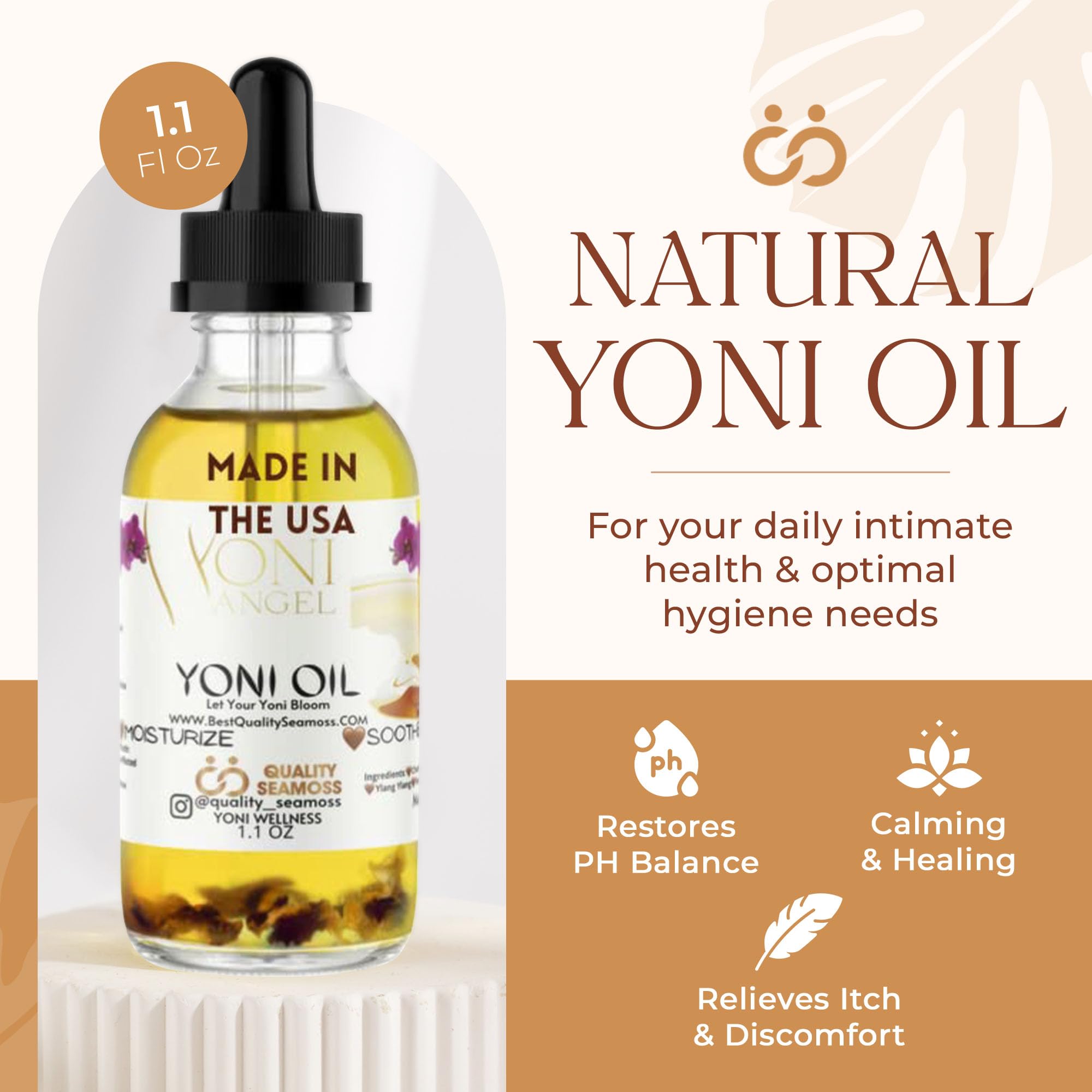 Quality Seamoss Yoni Oil botella detalle mostrando dosificador práctico