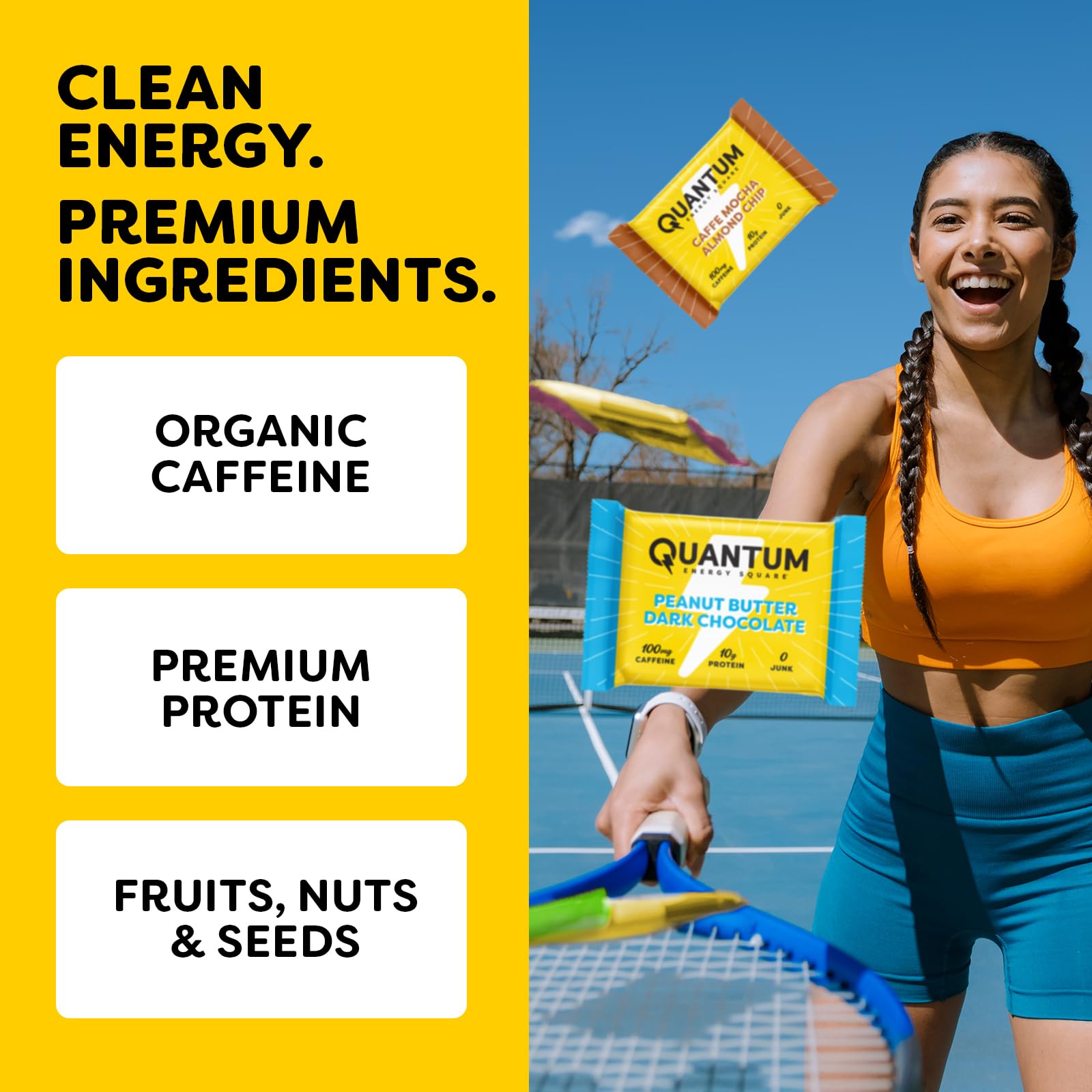 Quantum Energy Squares primer plano de la barra destacando proteína y cafeína
