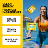 Quantum Energy Squares primer plano de la barra destacando proteína y cafeína