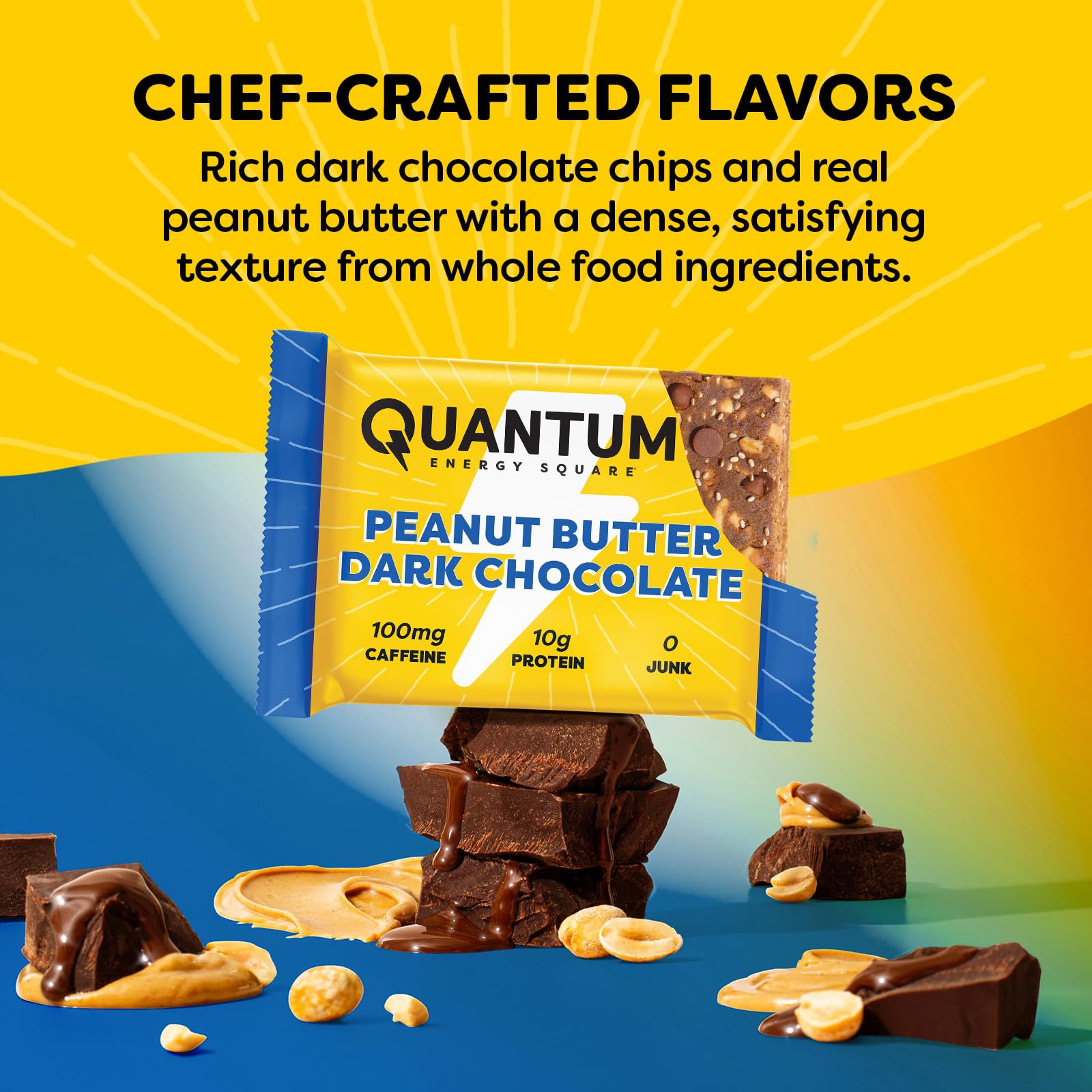 Quantum Energy Squares etiqueta nutricional visible, claridad sobre cafeína y proteína