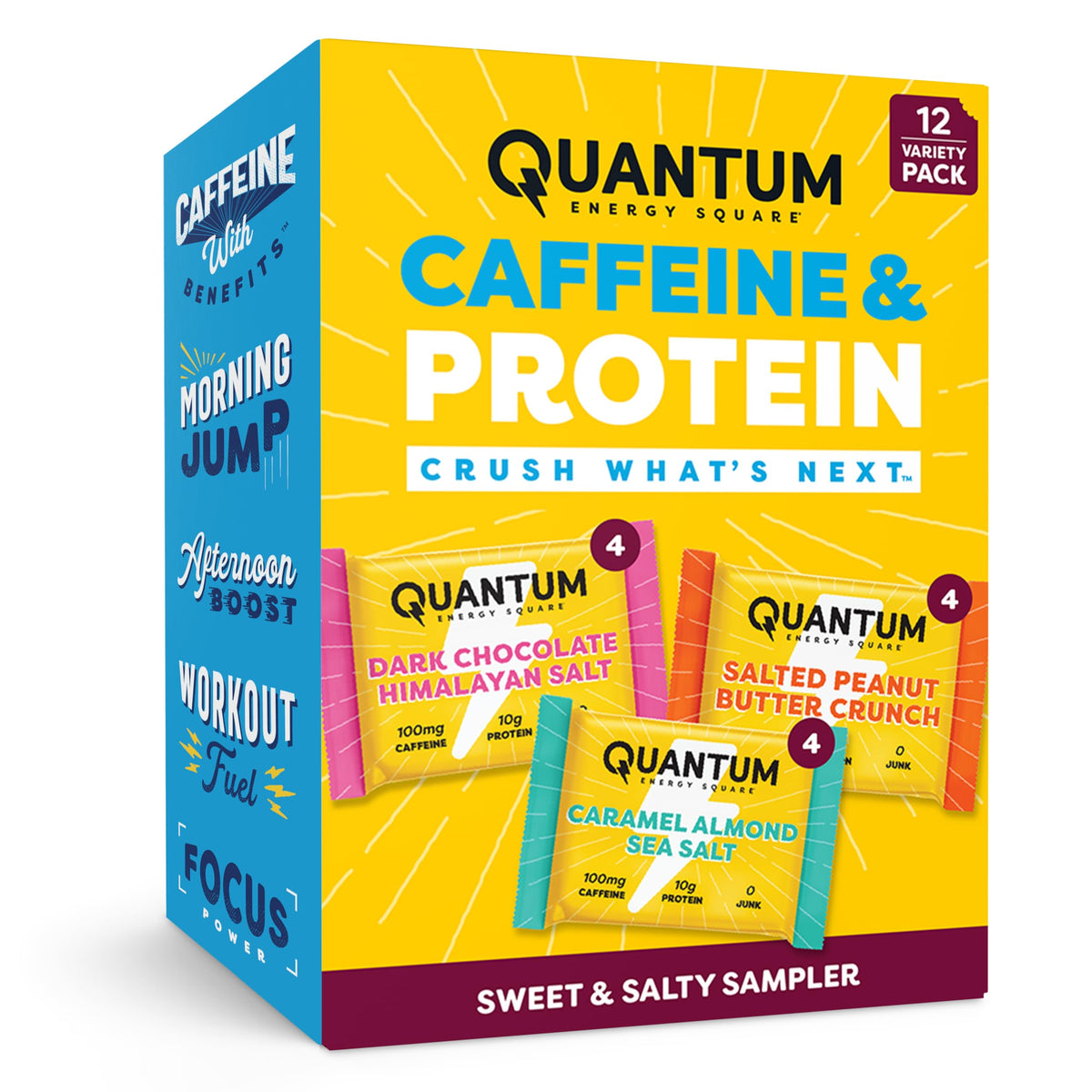 Quantum Energy Squares frente de caja mostrando variedad y conveniencia