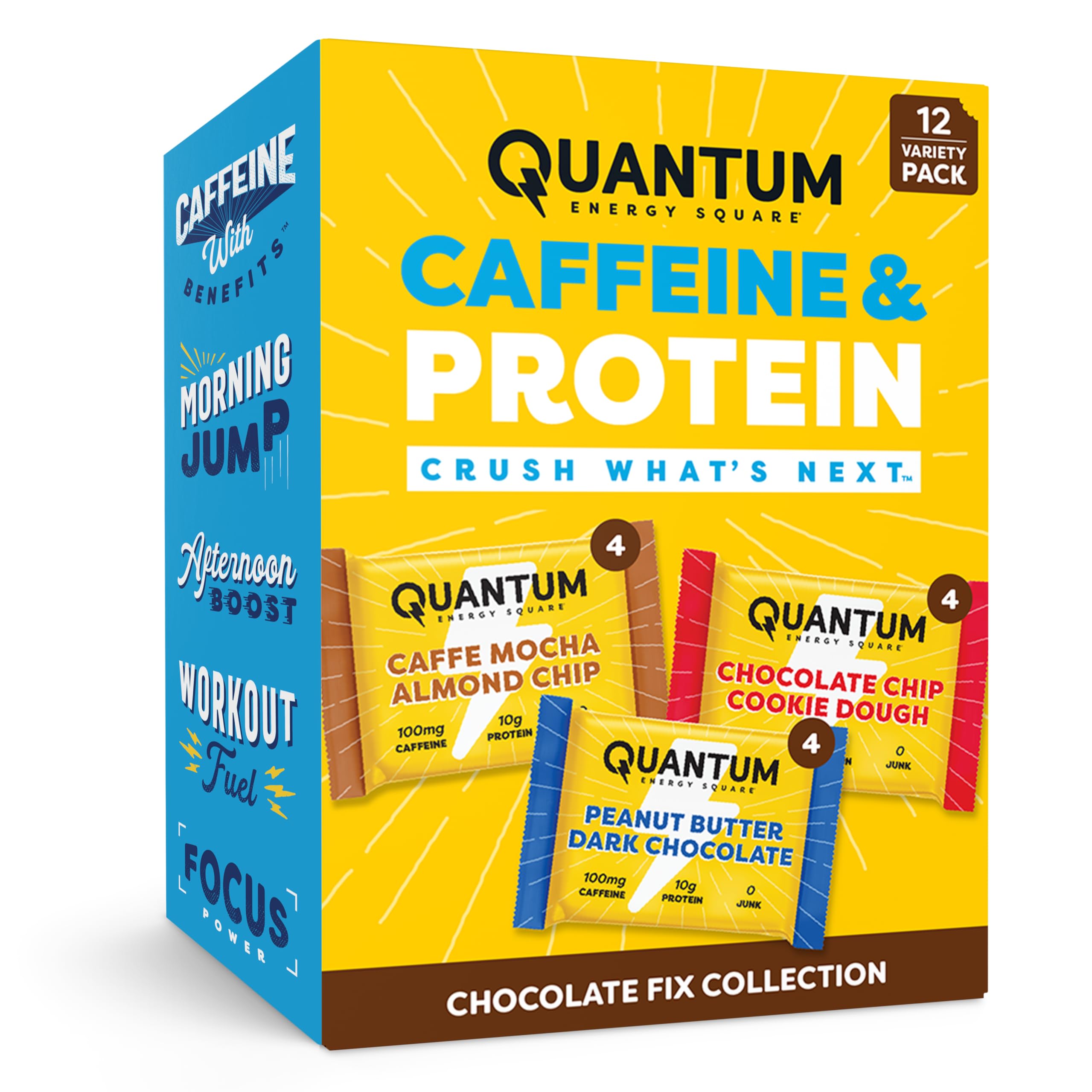 Quantum Energy Squares frontal del pack mostrando variedad y conveniencia