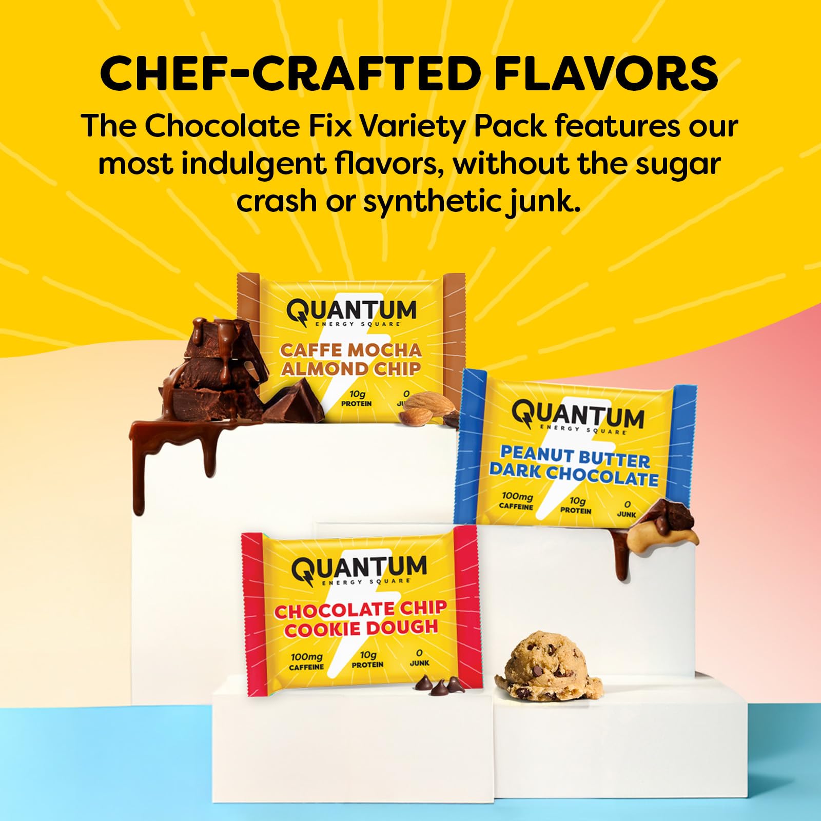 Quantum Energy Squares sabor Caffe Mocha Almond Chip mostrando granos y almendra