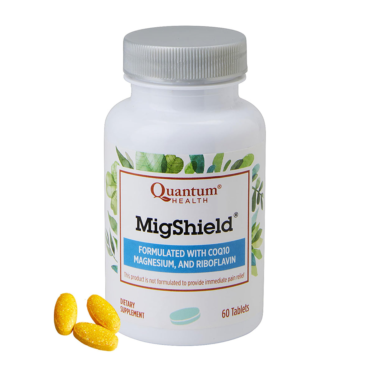 Quantum MigShield envase frontal mostrando 60 tabletas y beneficios