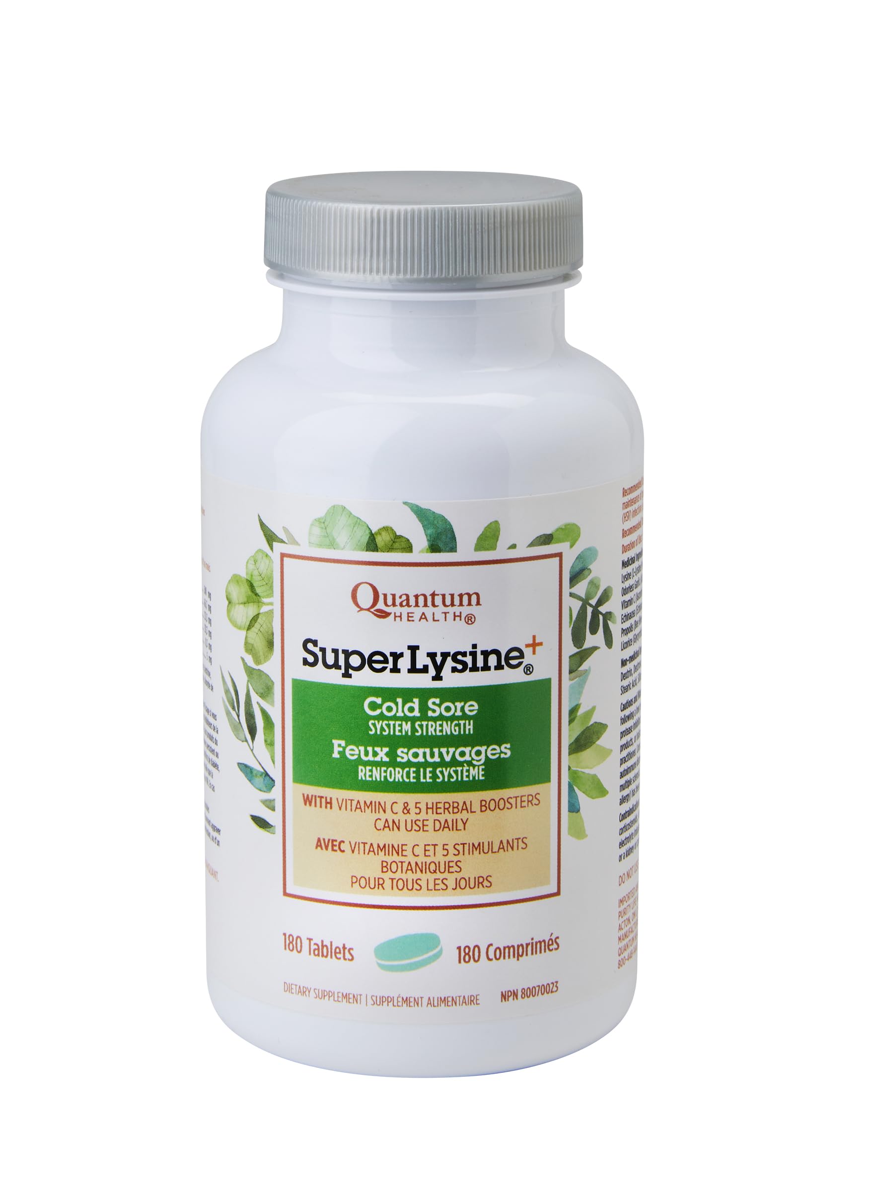 Quantum Super Lysine frente del envase mostrando 180 tabletas y conveniencia