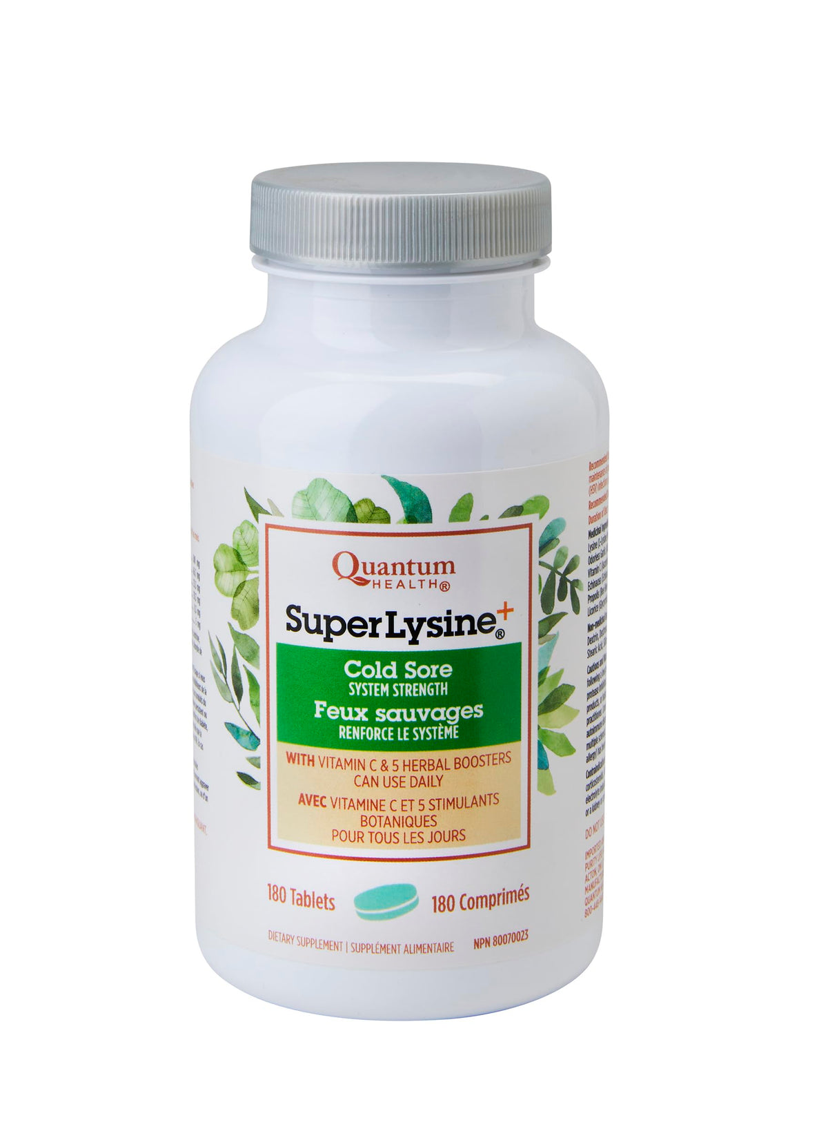 Quantum Super Lysine frente del envase mostrando 180 tabletas y conveniencia