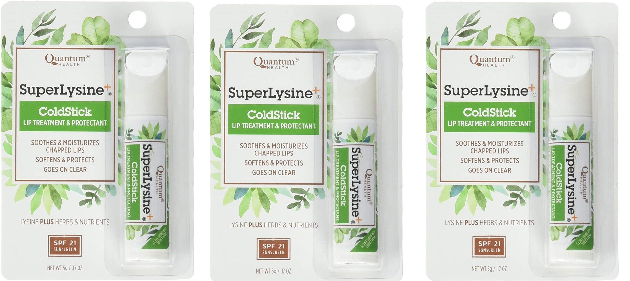 Quantum Super Lysine Plus ColdStick pack de tres mostrando el empaque y conveniencia