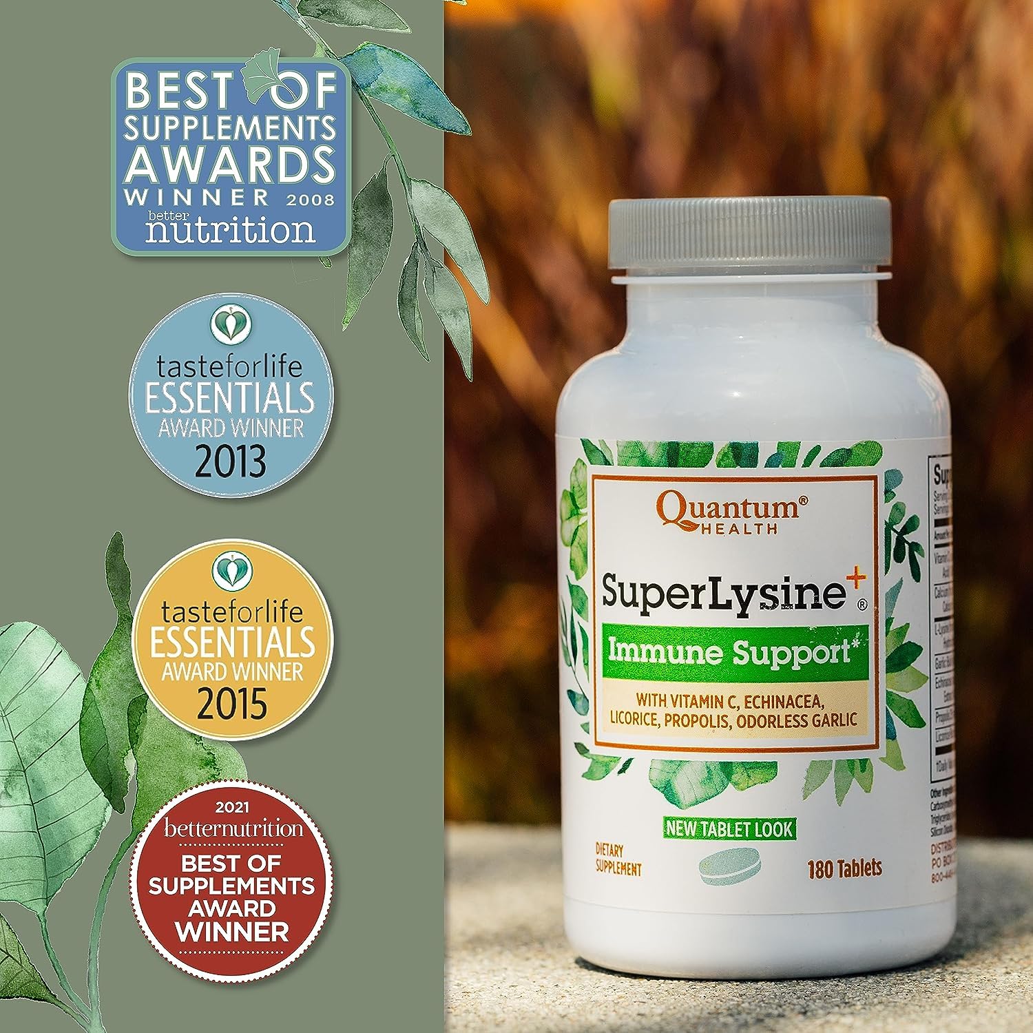 Quantum SuperLysine+ tableta en la mano, tamaño y dosificación clara
