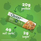 Quest barra Apple Pie abierta mostrando textura interna y crujiente para saciar