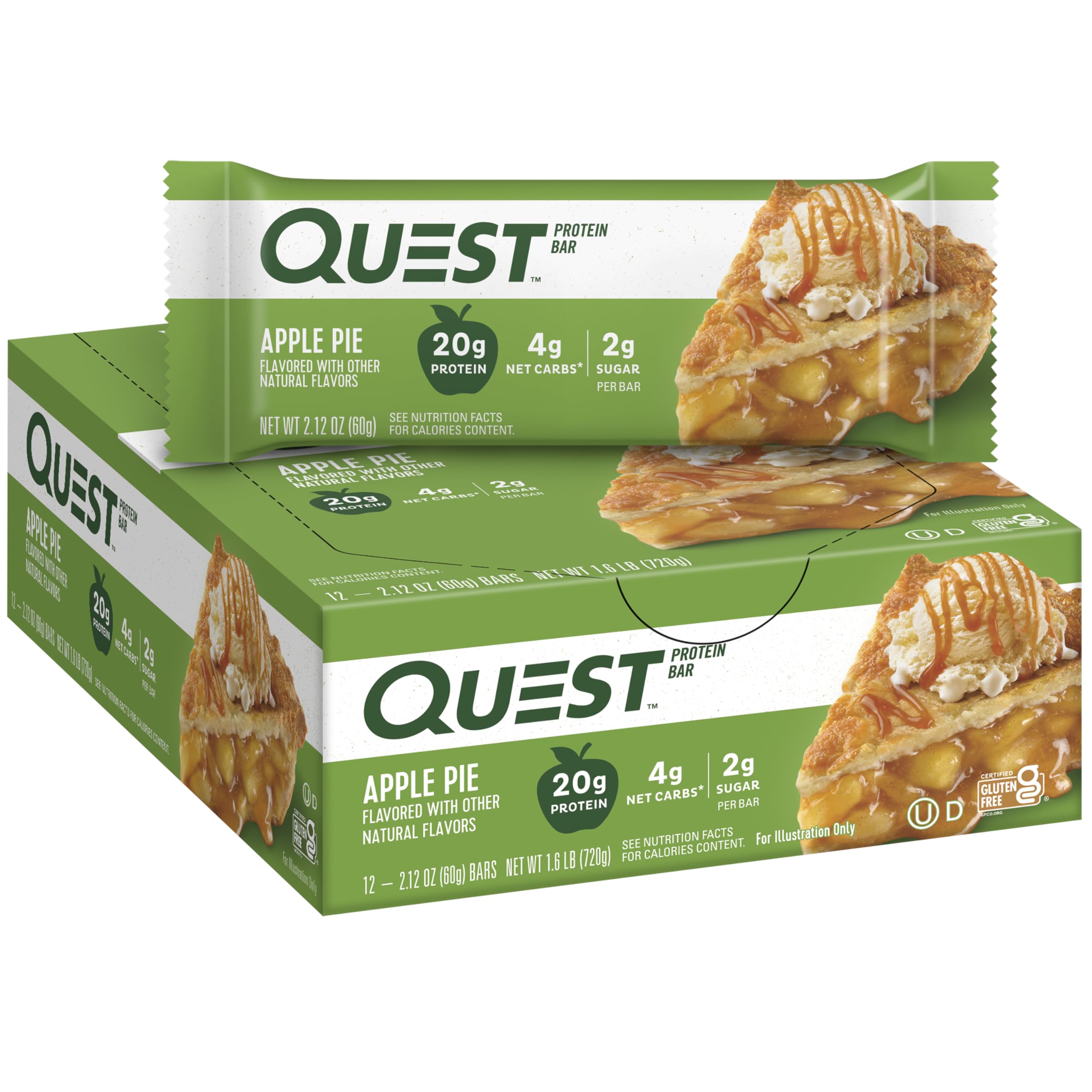 Quest empaque frontal de la barra Apple Pie mostrando la caja de 12 unidades y conveniencia