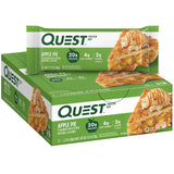 Quest empaque frontal de la barra Apple Pie mostrando la caja de 12 unidades y conveniencia