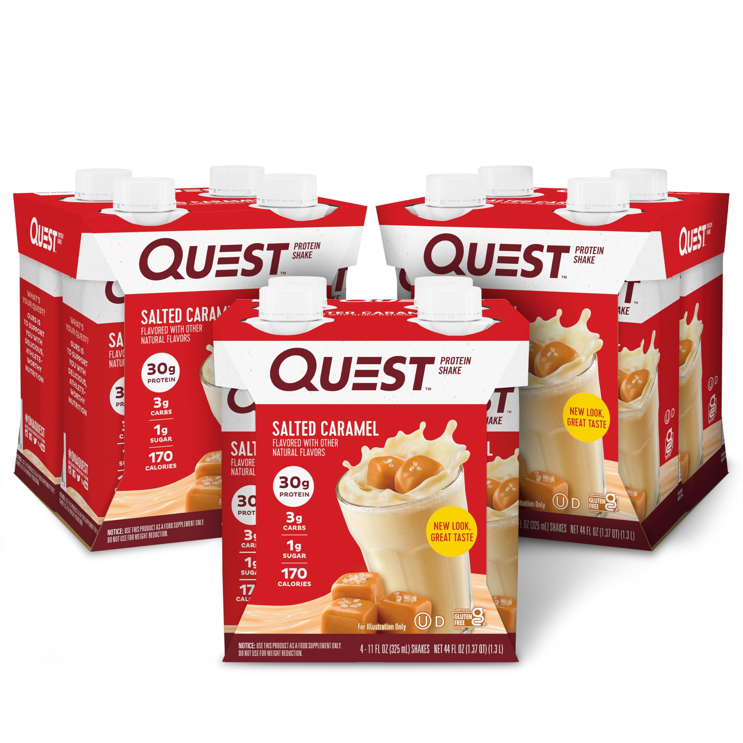 Quest batido salted caramel frente mostrando etiqueta y beneficio práctico