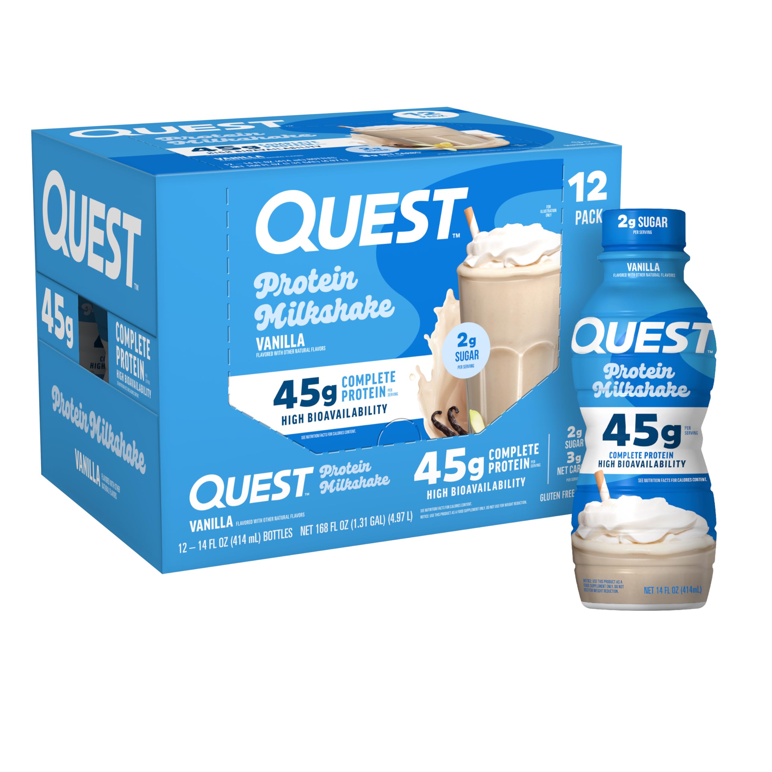 Quest botella delantera sabor vanilla mostrando diseño y proteína