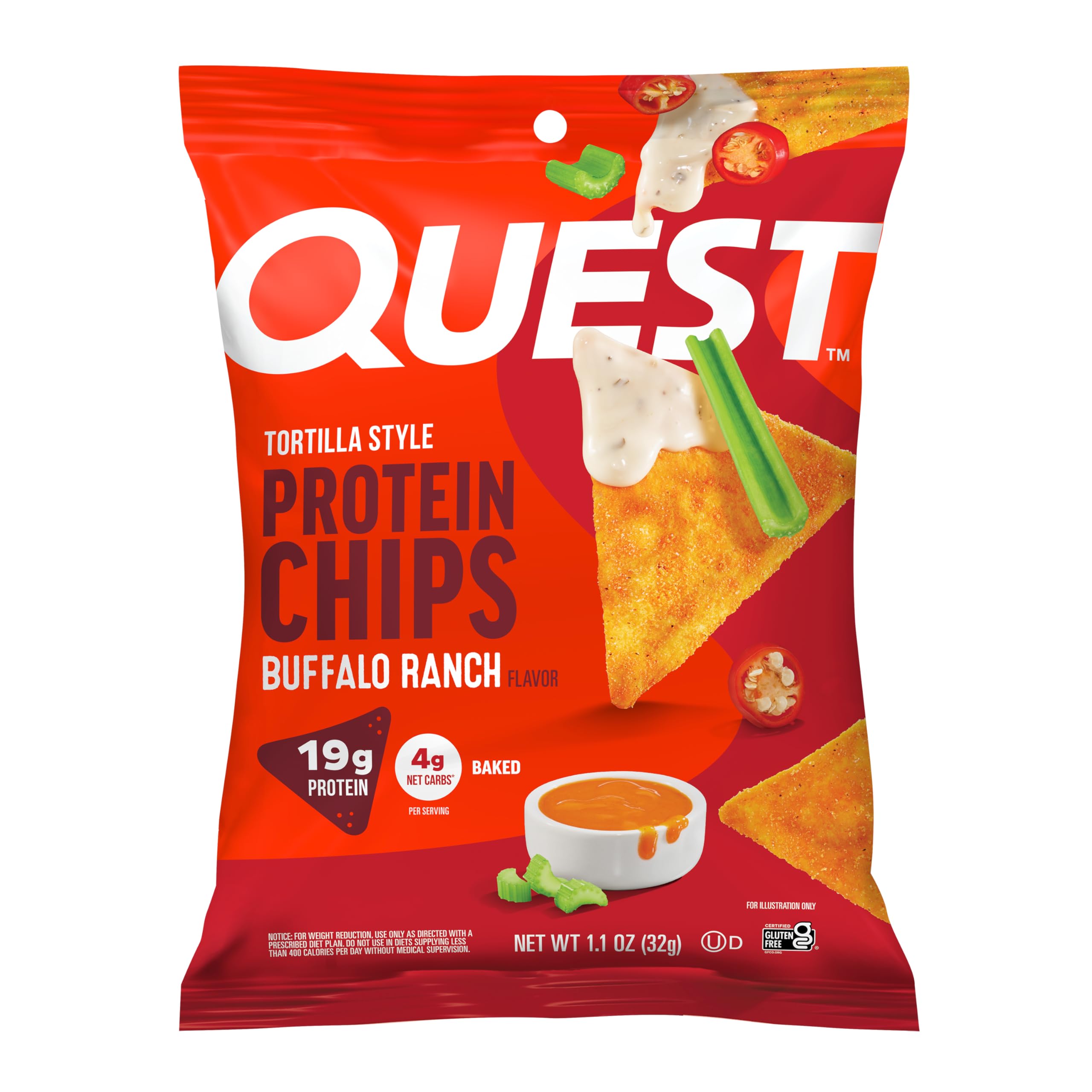 Quest paquete Buffalo Ranch frente mostrando diseño y beneficio proteína alta