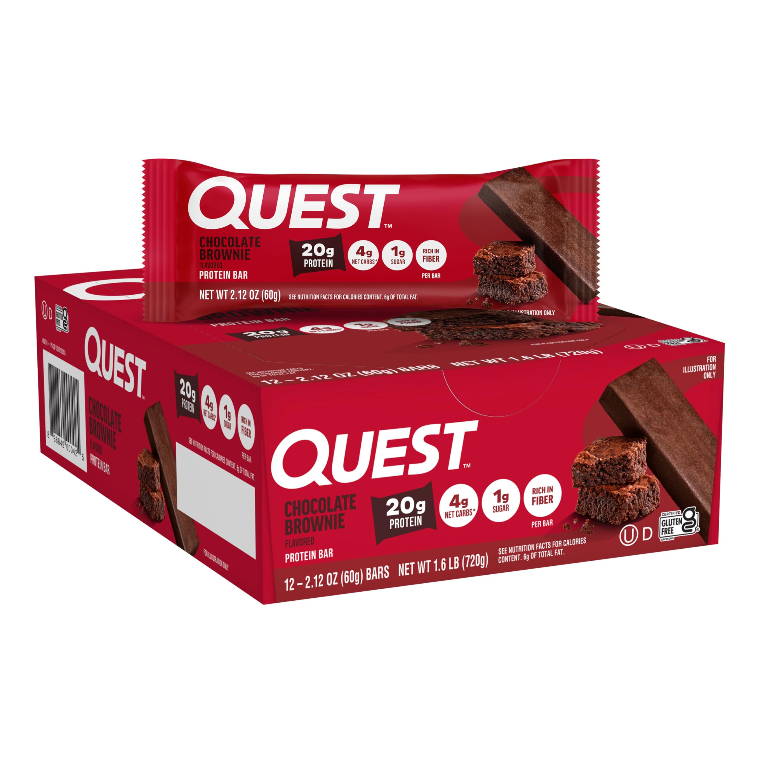 Quest empaque frontal de Chocolate Brownie mostrando el conteo de proteína 20g y beneficio saciedad