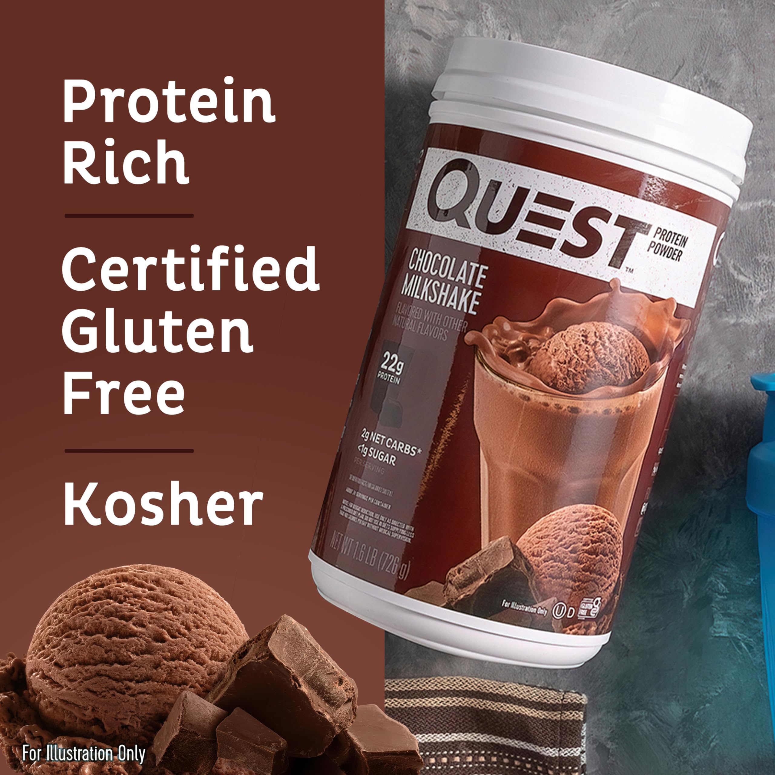Vaso con batido Quest Chocolate Milkshake listo para beber, aporte proteico post-entreno
