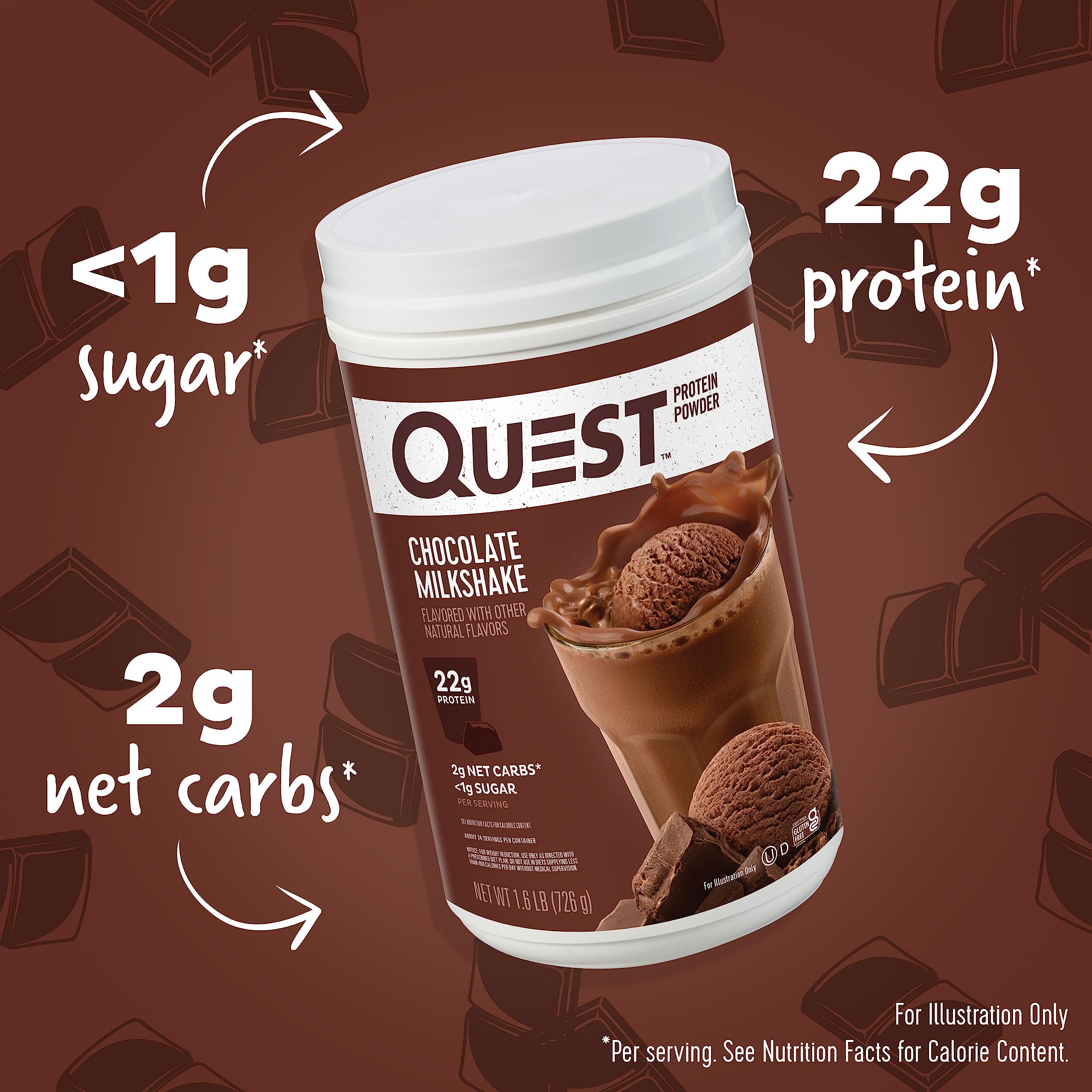 Textura del polvo Quest Chocolate Milkshake en primer plano, fácil disolución y sabor intenso
