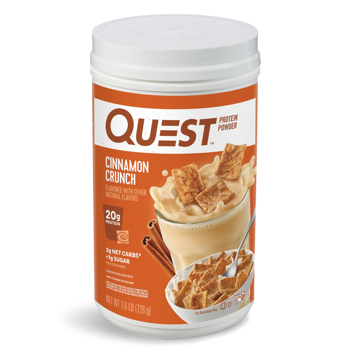 Quest bote frontal con sabor Cinnamon Crunch mostrando diseño y beneficio proteína alta