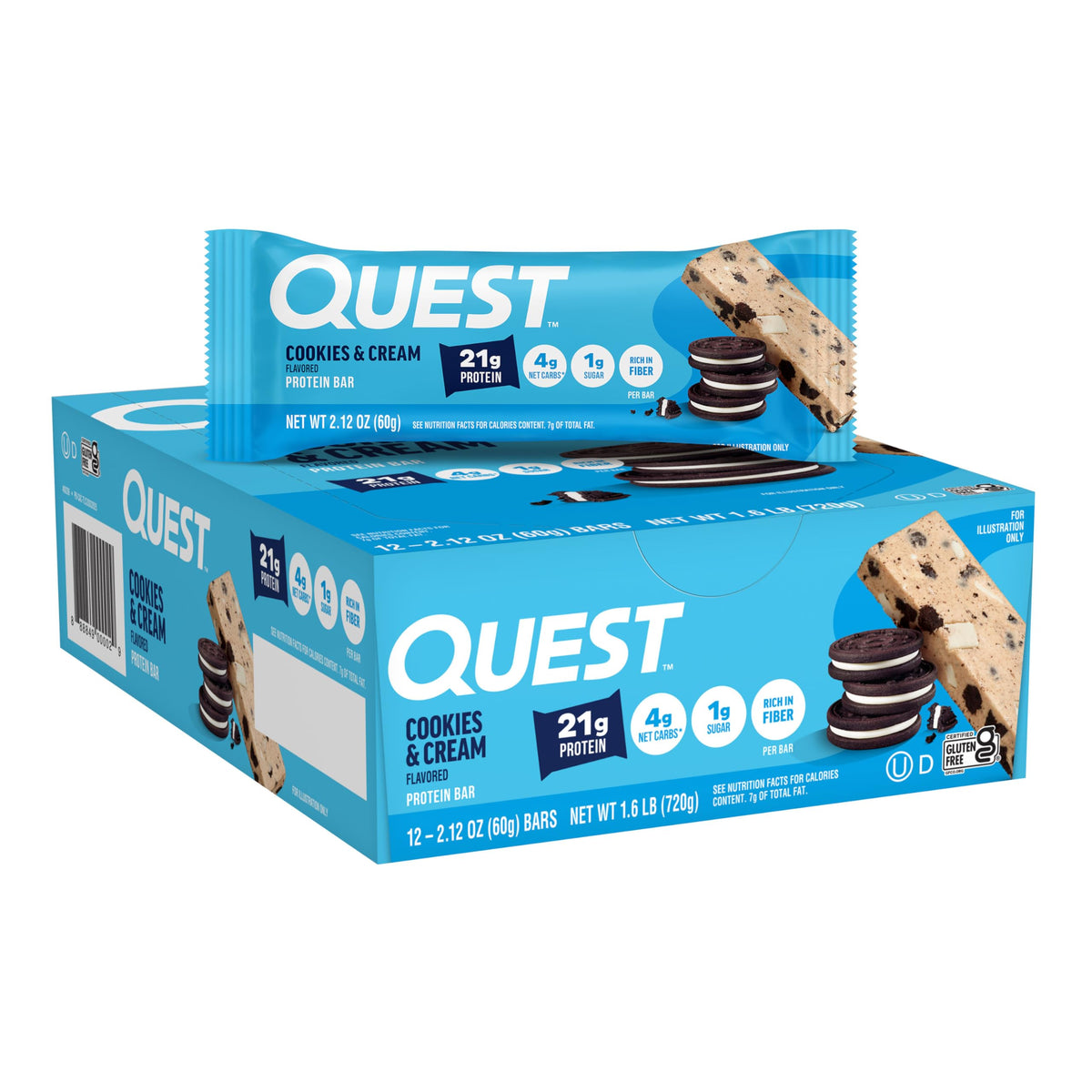 Quest frente del empaque mostrando 12 barritas y beneficios