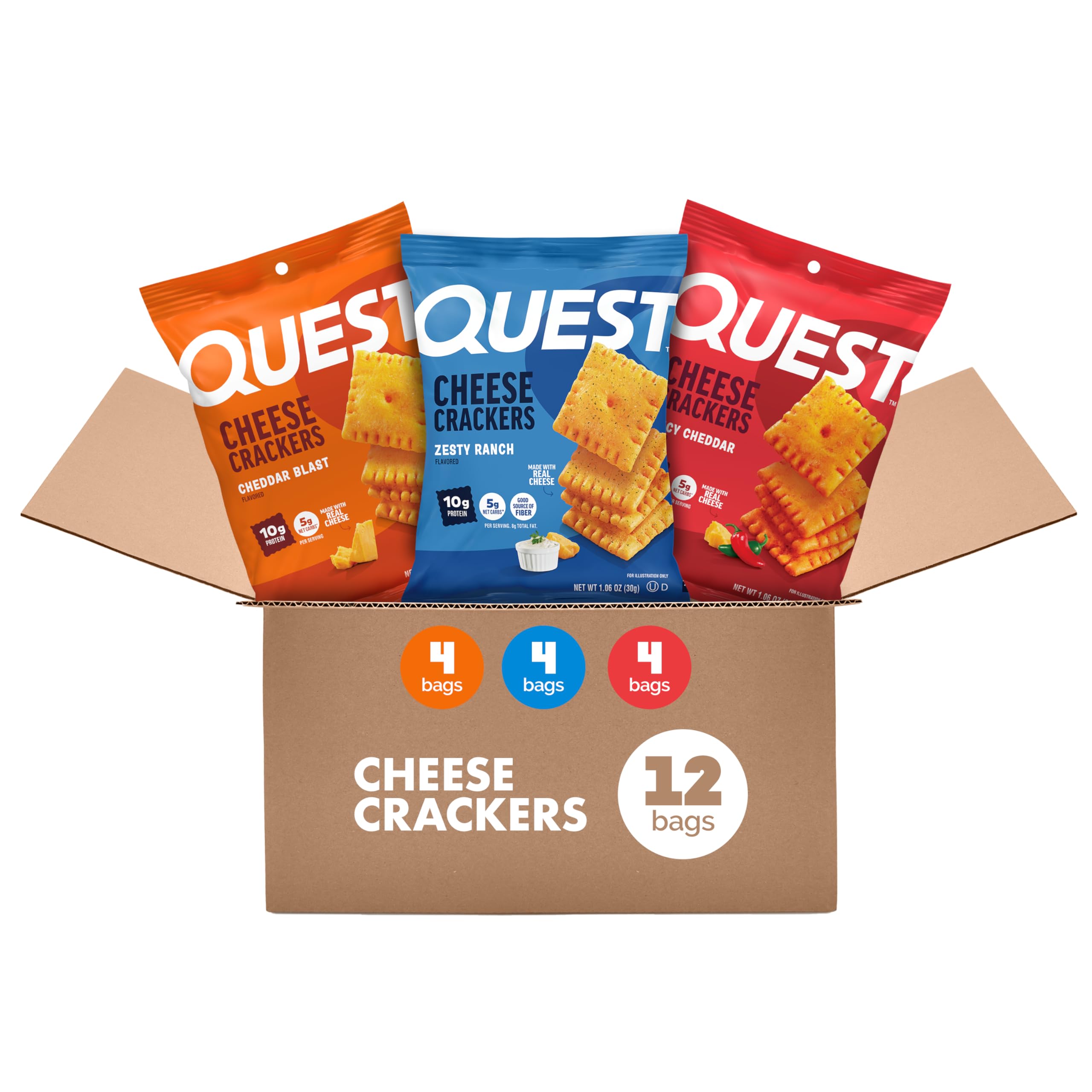 Quest paquete frontal mostrando las 12 unidades y variedad de sabores, práctico para llevar