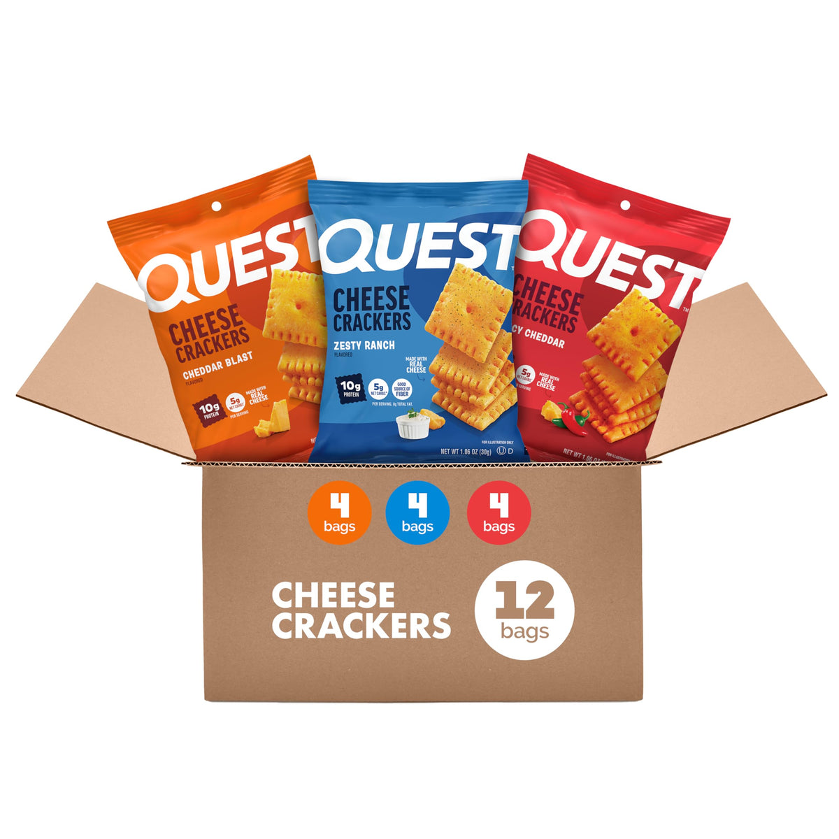Quest paquete frontal mostrando las 12 unidades y variedad de sabores, práctico para llevar
