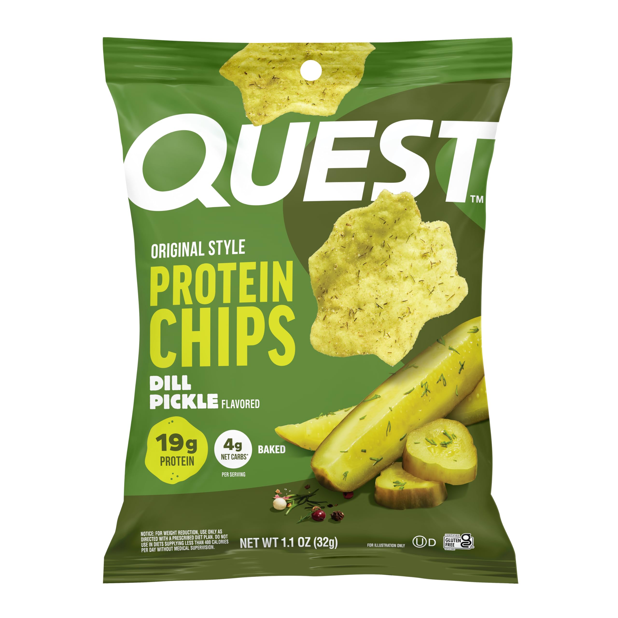 Quest empaque frontal dill pickle mostrando porción individual y conveniencia