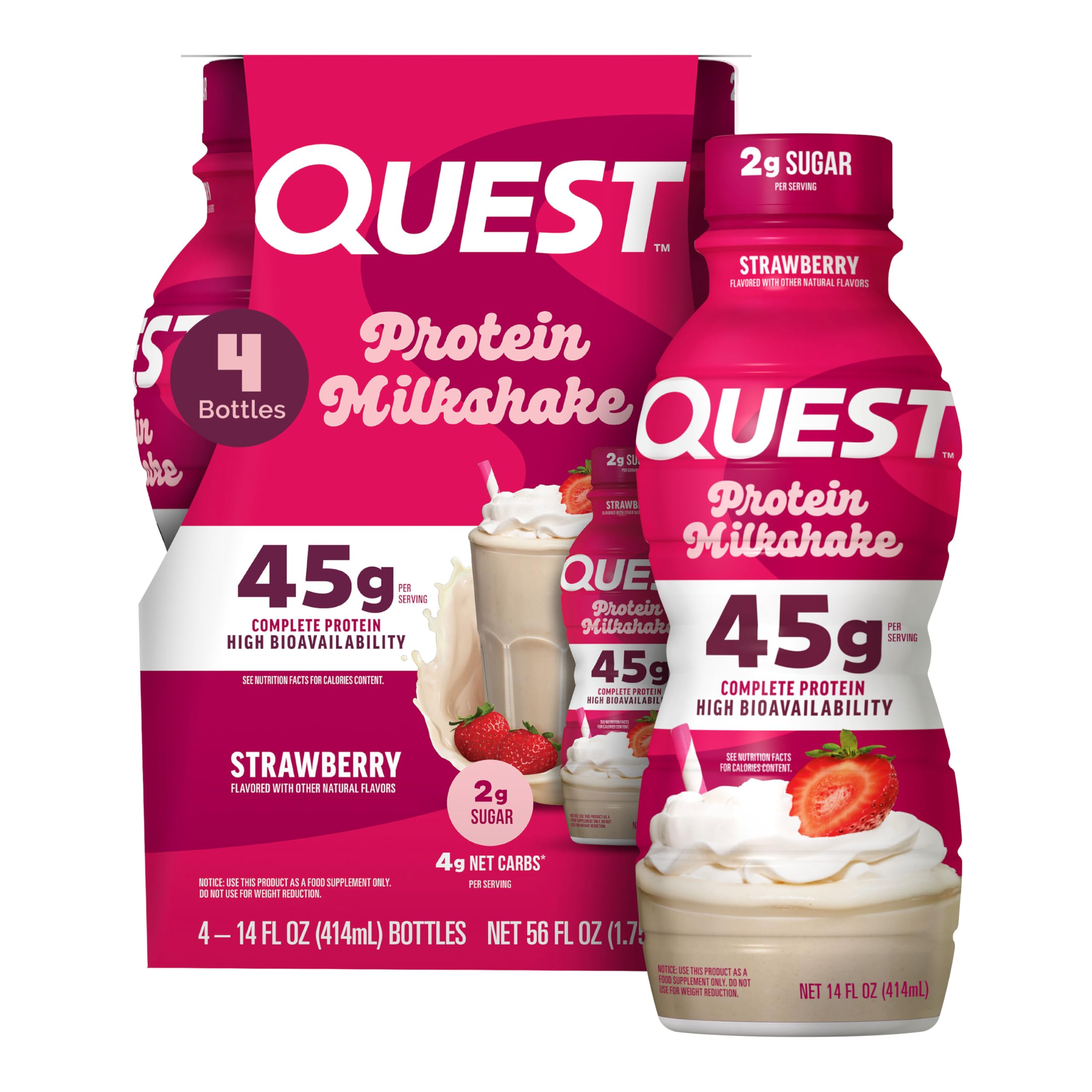 Quest frasco frontal mostrando la etiqueta y 45 g proteína, conveniencia inmediata
