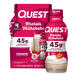 Quest frasco frontal mostrando la etiqueta y 45 g proteína, conveniencia inmediata