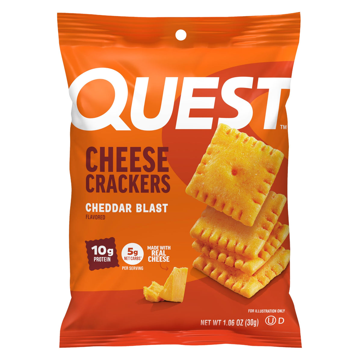 Quest caja frontal mostrando 12 paquetes, ideal para snacks portátiles