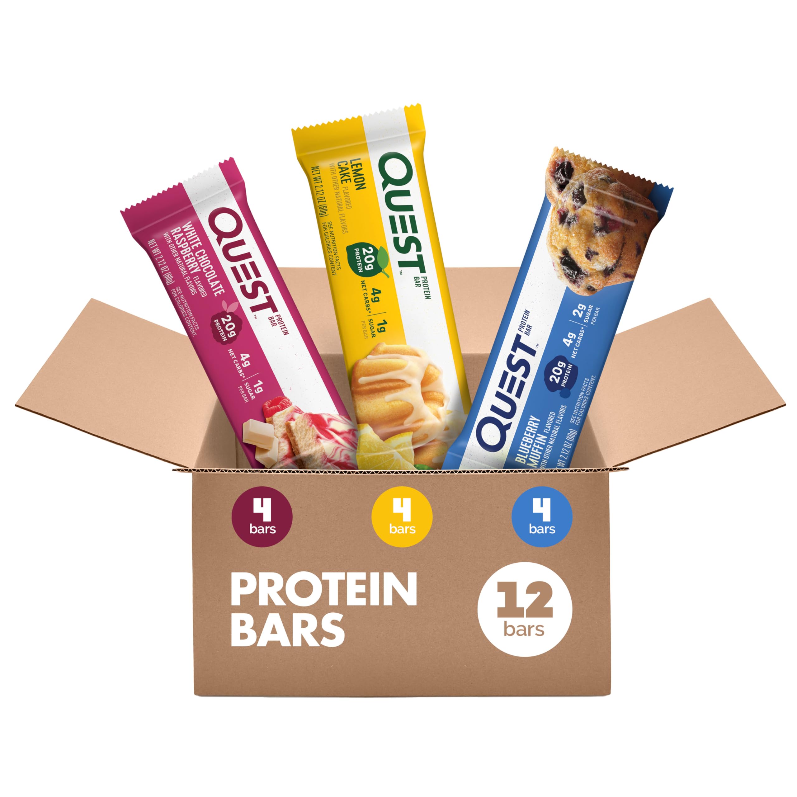 Quest empaque frontal mostrando variedad de sabores y conveniencia