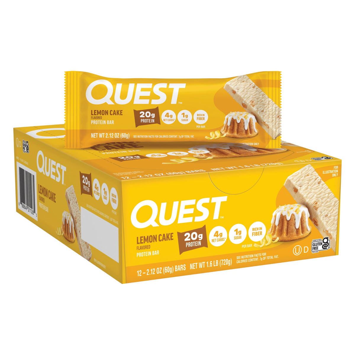 Quest Lemon Cake empaque frontal mostrando valor proteico y bajo azúcar