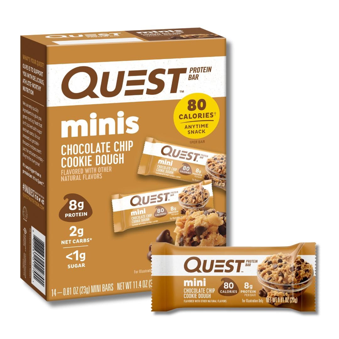 Quest envase frontal mostrando 14 barritas, práctico para llevar