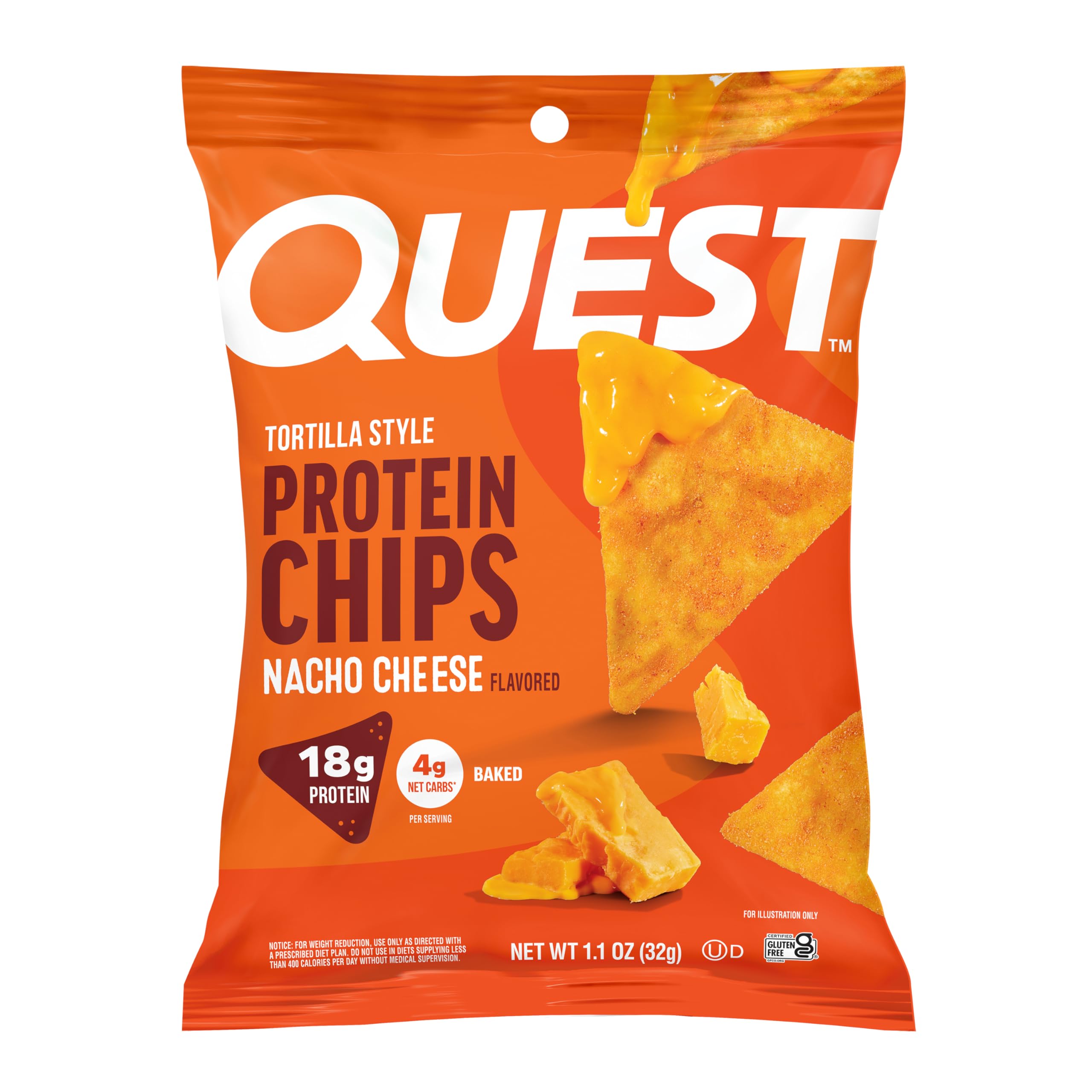Quest empaque frontal de Nacho Cheese con porción individual y beneficio de proteína