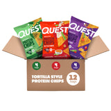 Quest pack frontal Game Day mostrando las 12 bolsas y variedad de sabores