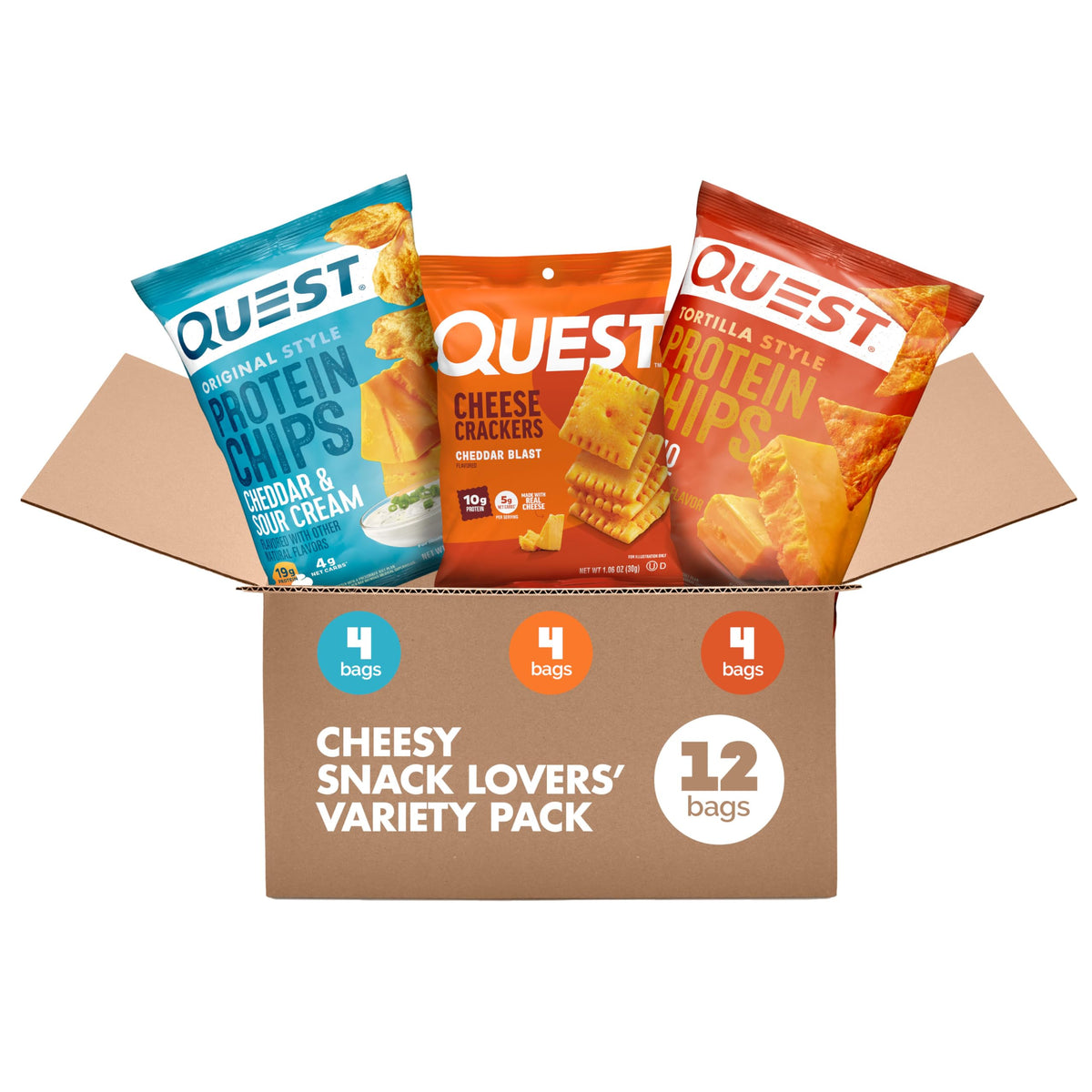 Quest pack frontal mostrando los 12 sobres individuales y variedad de sabores