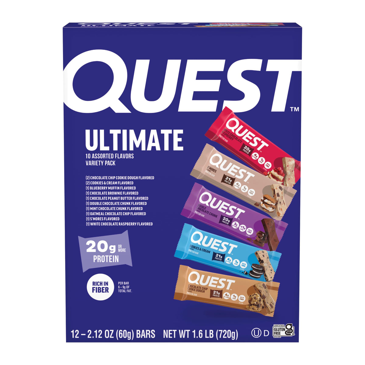 Quest pack frontal con 12 barras mostrando variedad y conveniencia