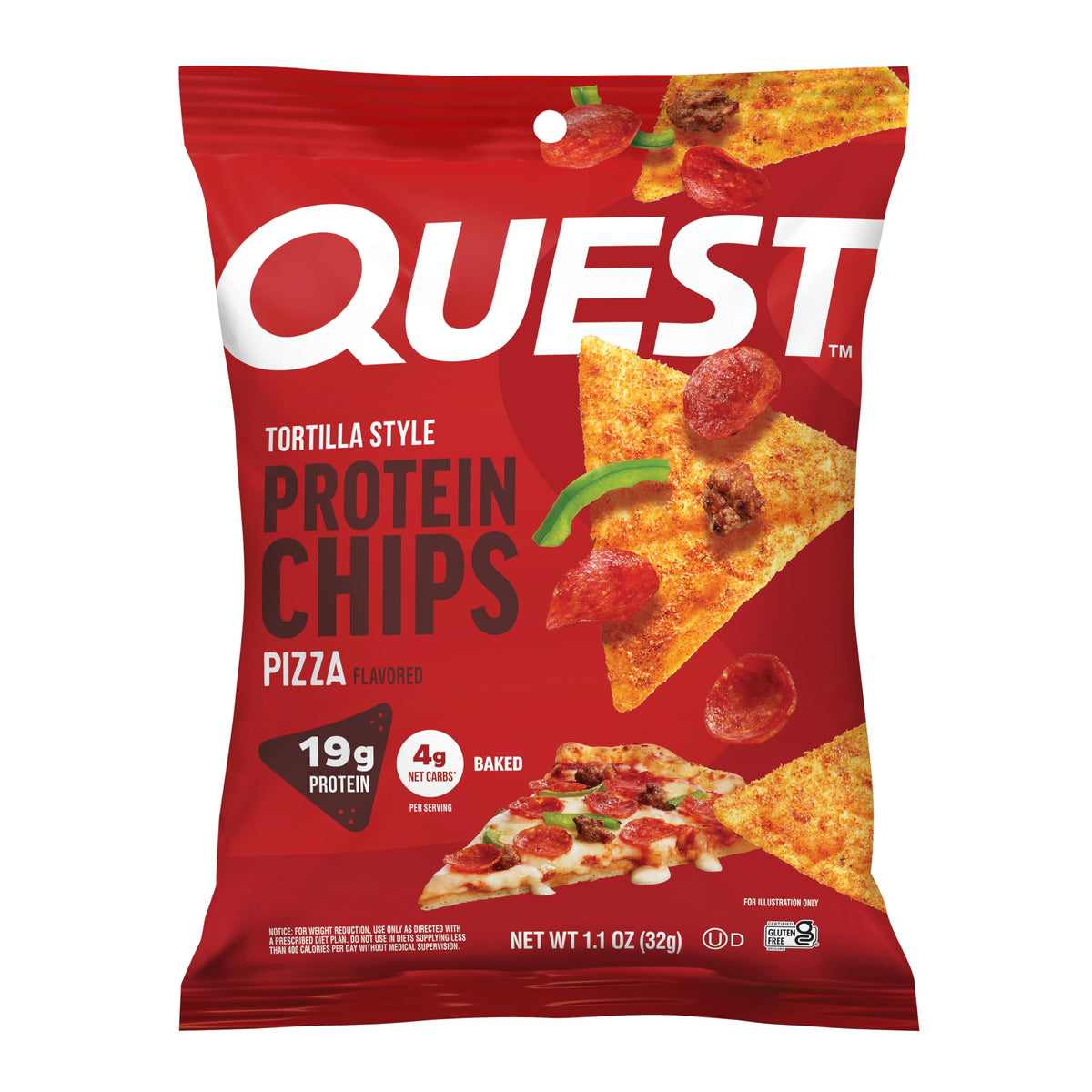 Quest paquete frontal sabor pizza mostrando diseño y conveniencia