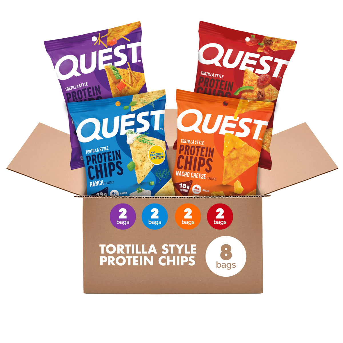 Quest embalaje frontal del pack variado con cuatro sabores y conveniencia