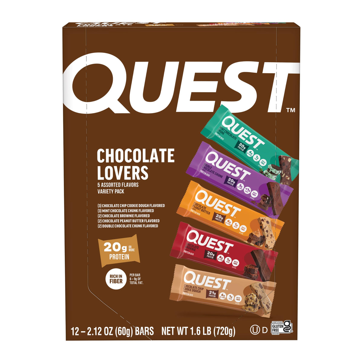 Quest pack frontal mostrando las 12 barras y variedad de sabores, práctico para llevar