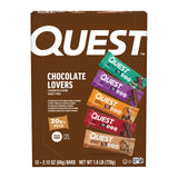 Quest pack frontal mostrando las 12 barras y variedad de sabores, práctico para llevar