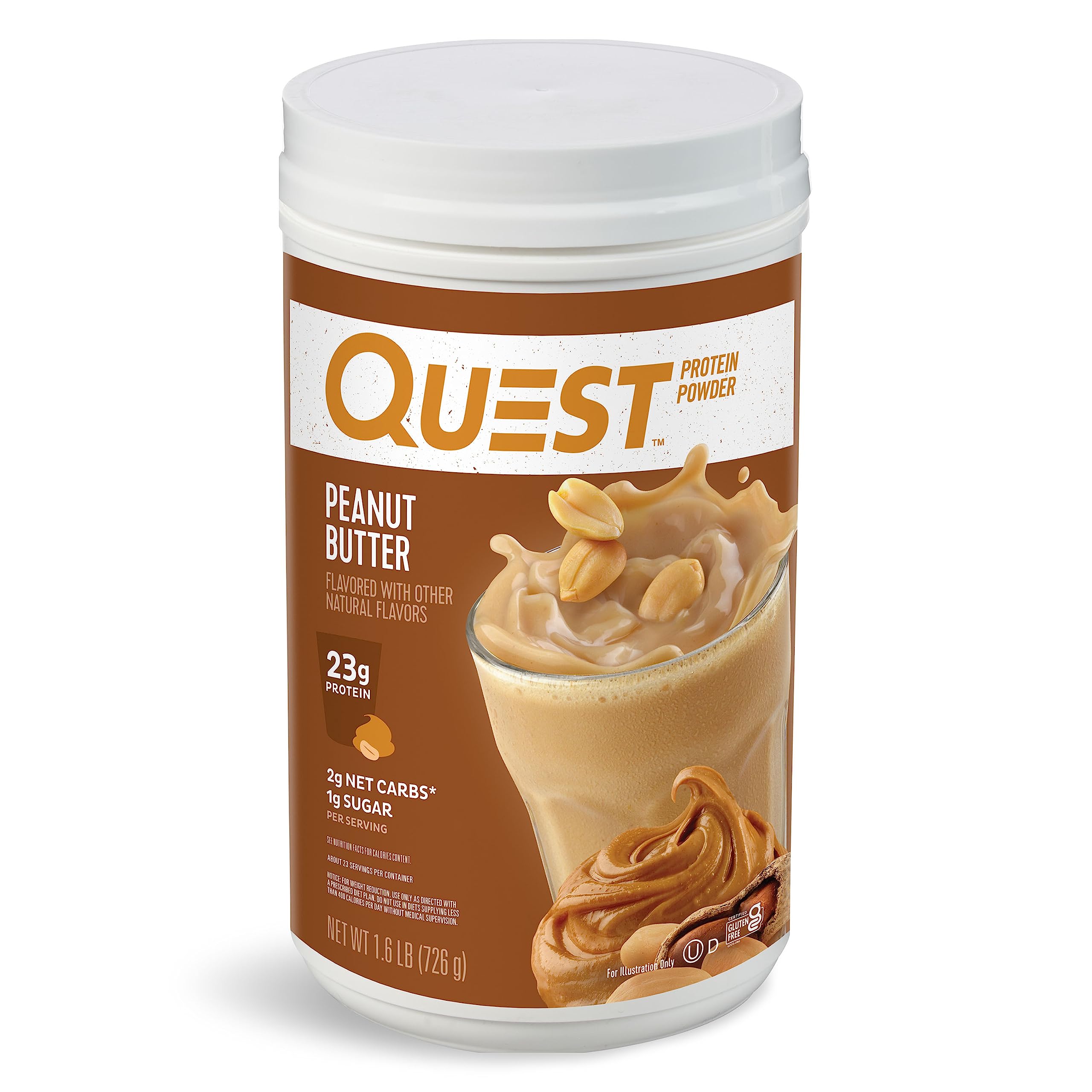 Quest bote frontal con etiqueta clara y beneficio de 23 g proteína