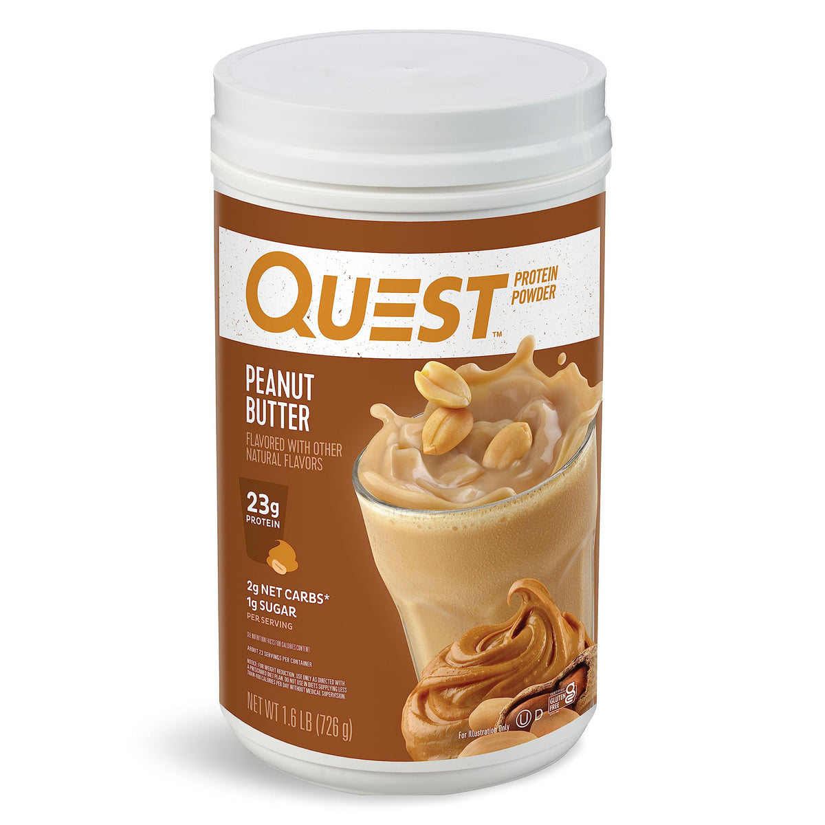 Quest bote frontal con etiqueta clara y beneficio de 23 g proteína