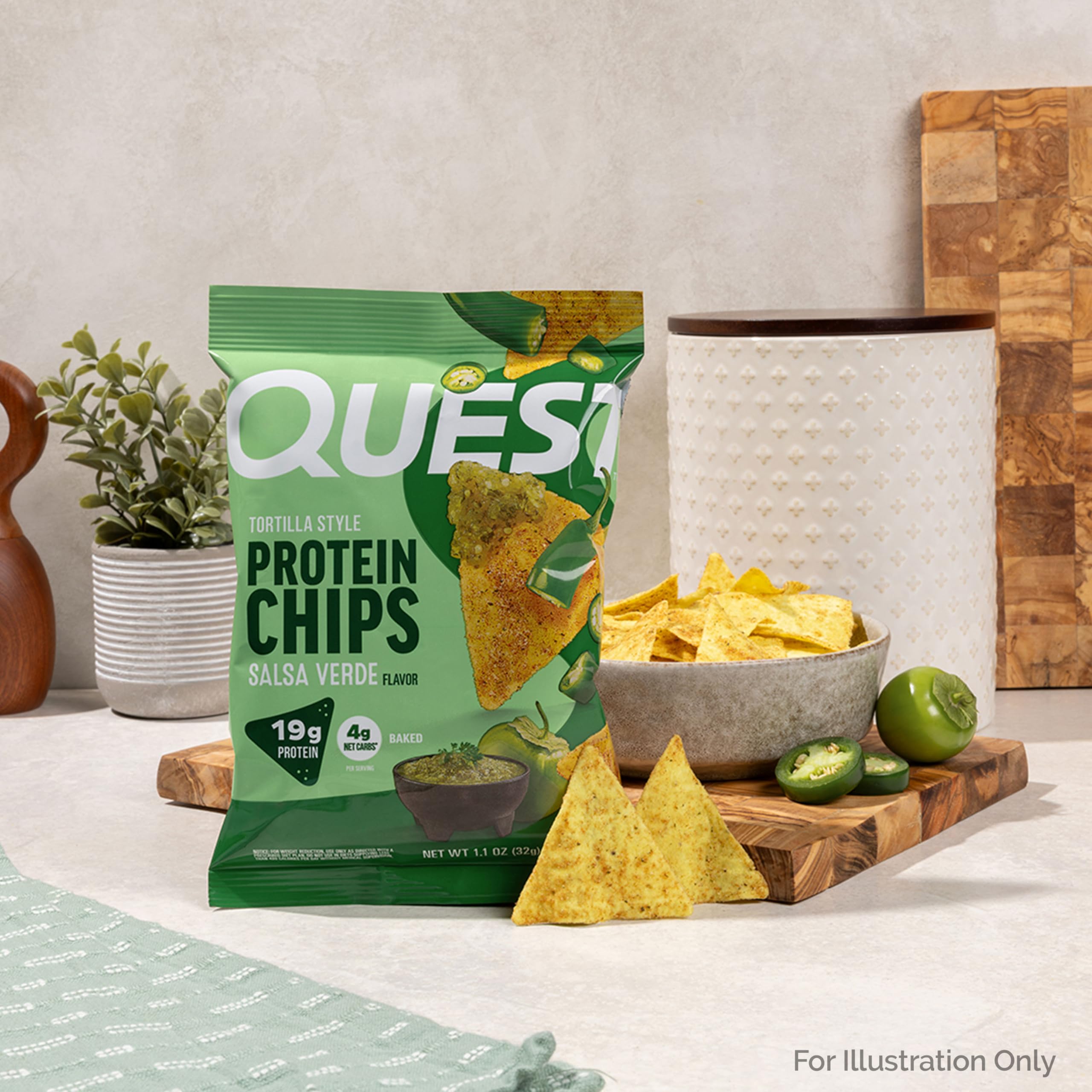 Quest chips junto a regla para comparar tamaño y control de porciones