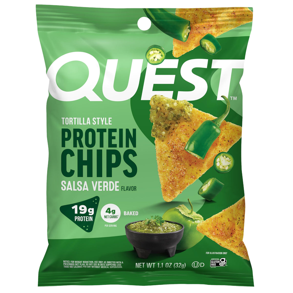 Quest empaque frontal sabor Salsa Verde mostrando caja de 12 unidades y beneficios
